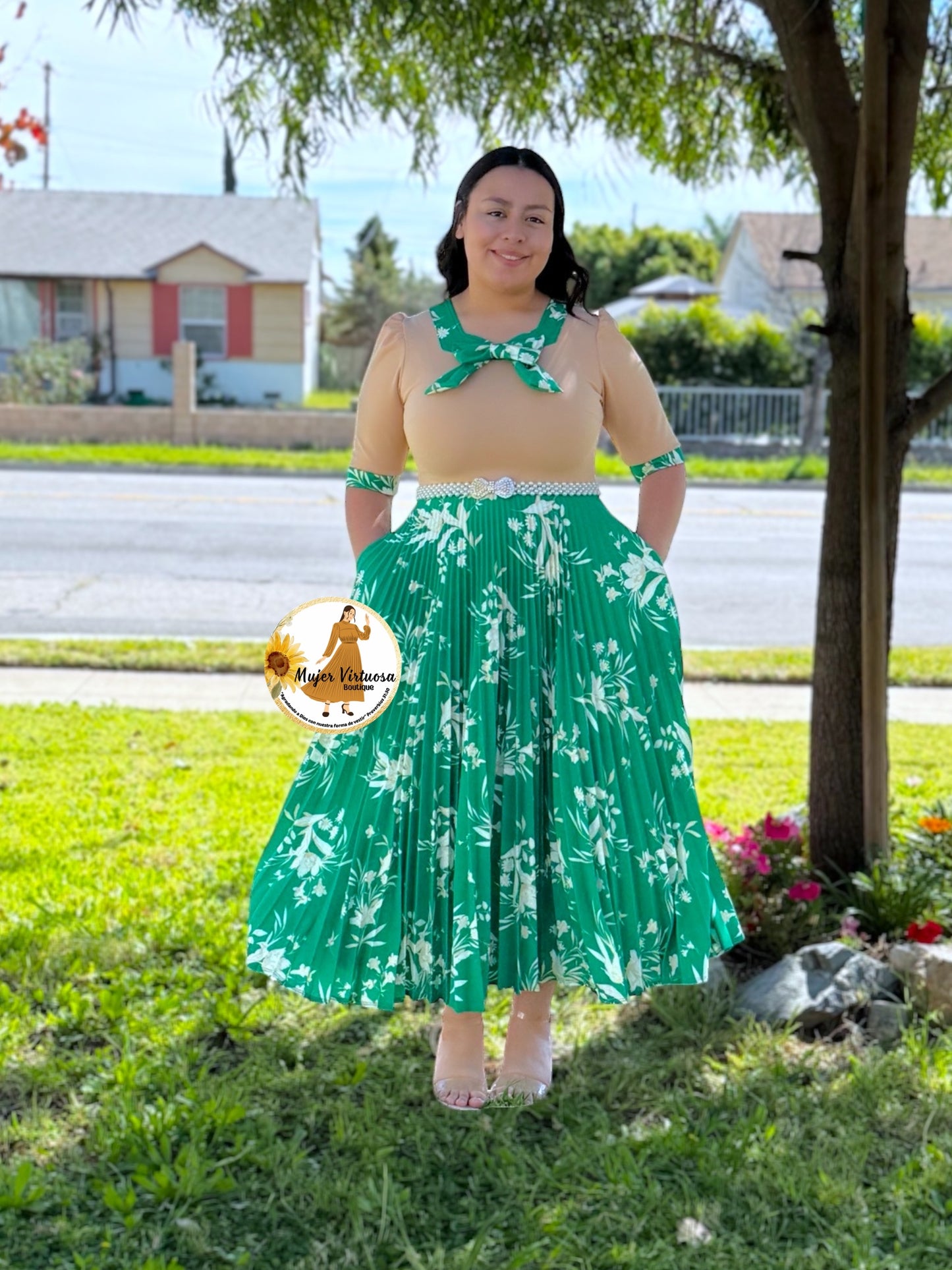 Madelyn Beige & Green Dress