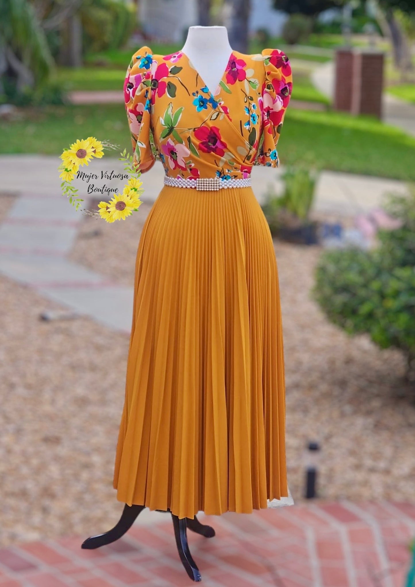 Jessica All Mustard Floral Pleated Dress