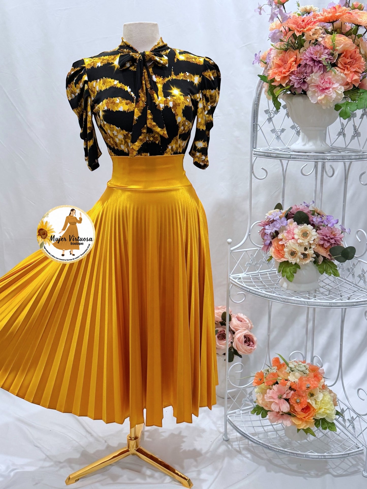 Alondra Mustard Satin Pleated Skirt