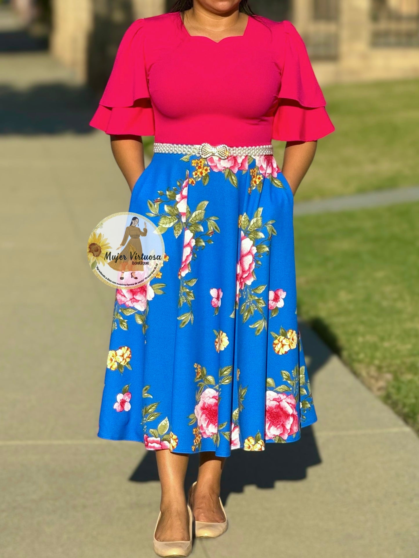 Fucsia & Royal Blue Floral Midi Dress