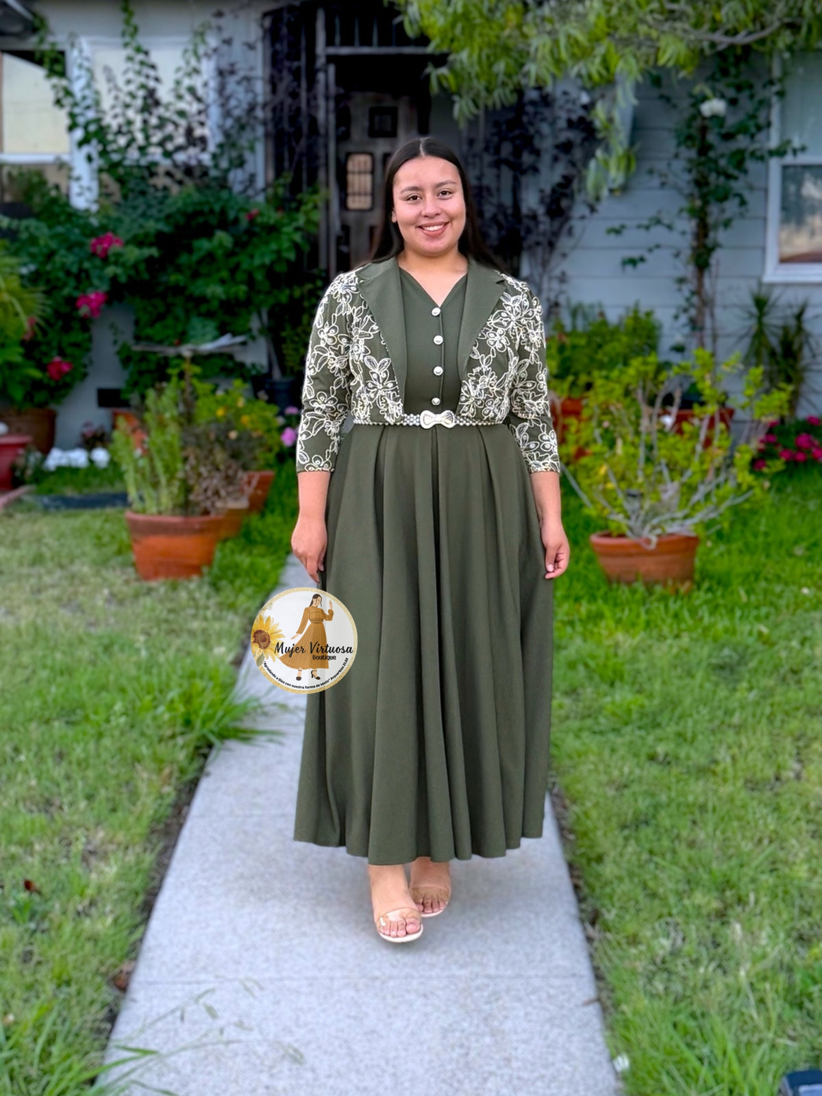 Linda Olive Embroidered Dress