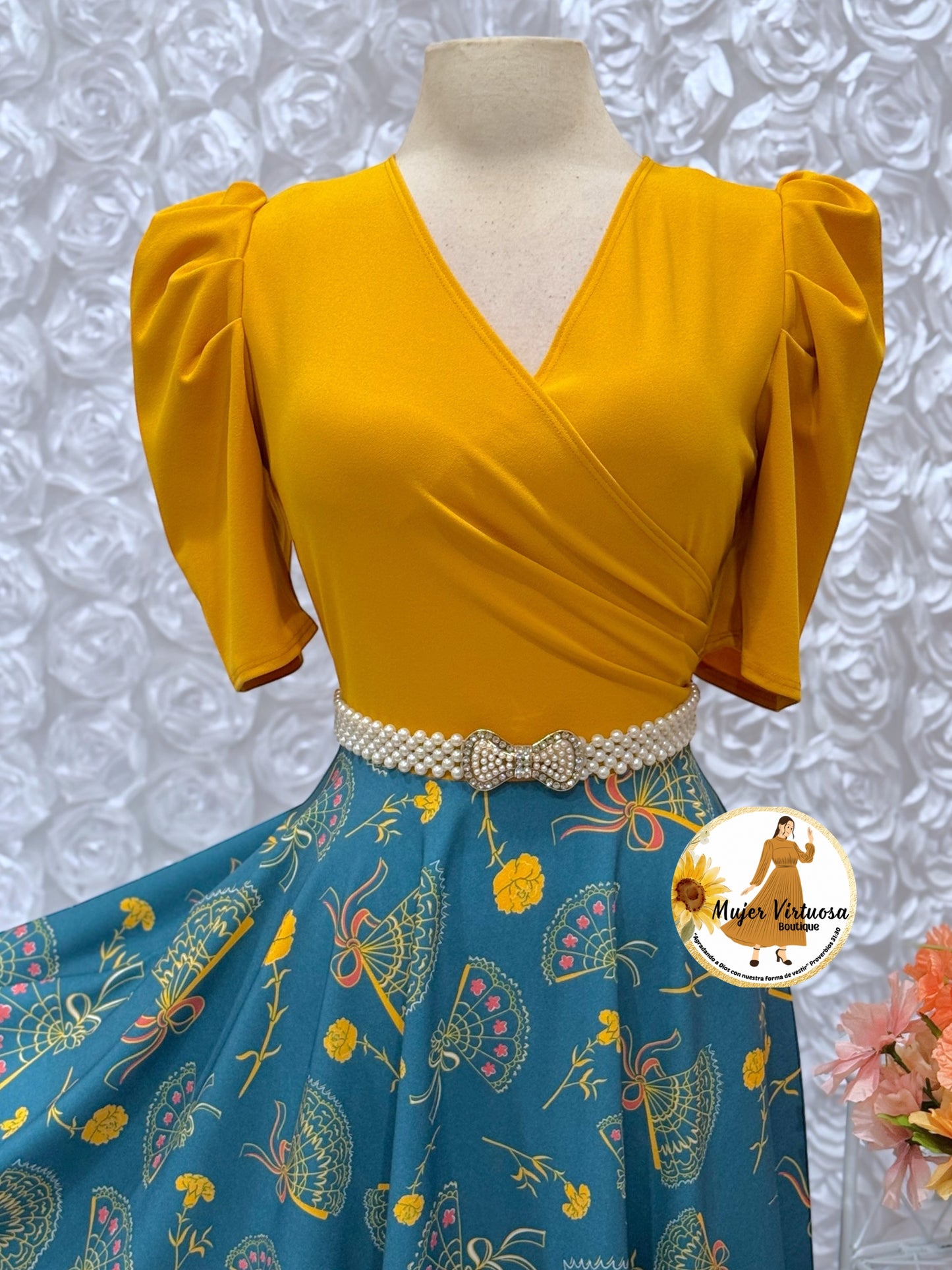 Mustard & Teal Floral Midi Dress