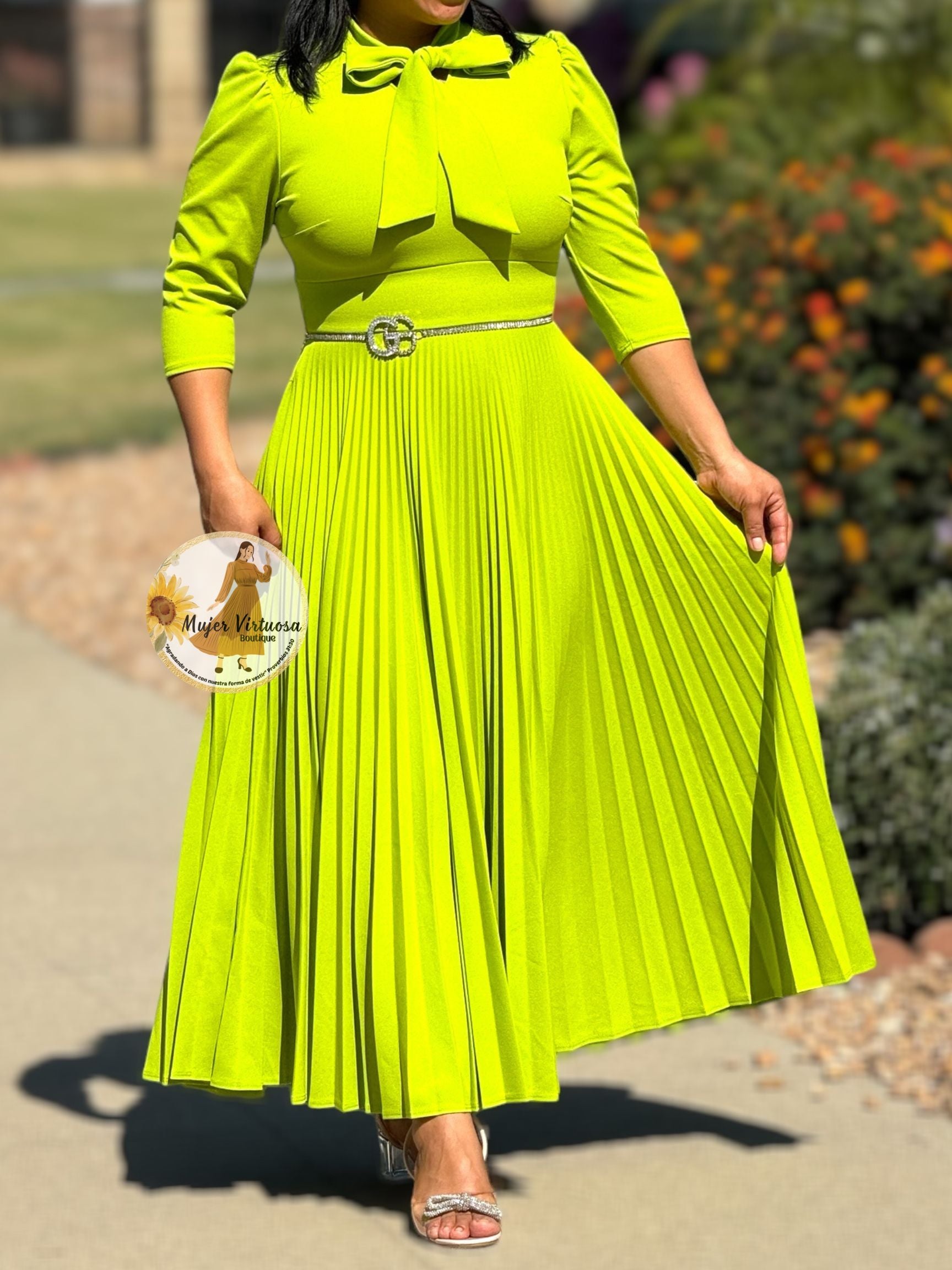 lime pleated dress Women's Long Sleeve Pleated Crepe Midaxi Dress, Lime