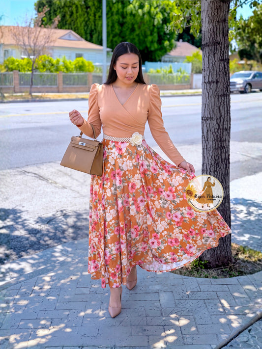 Larissa Apricot Velvet Floral Dress