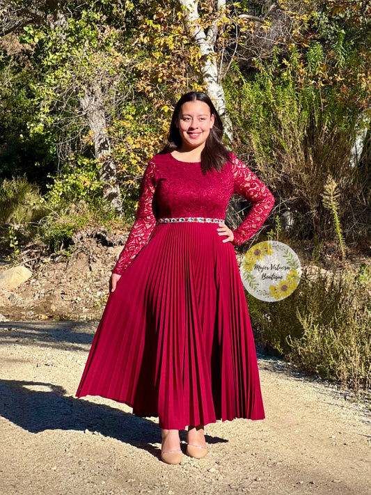 Alida Elegant Burgundy Pleated Dress