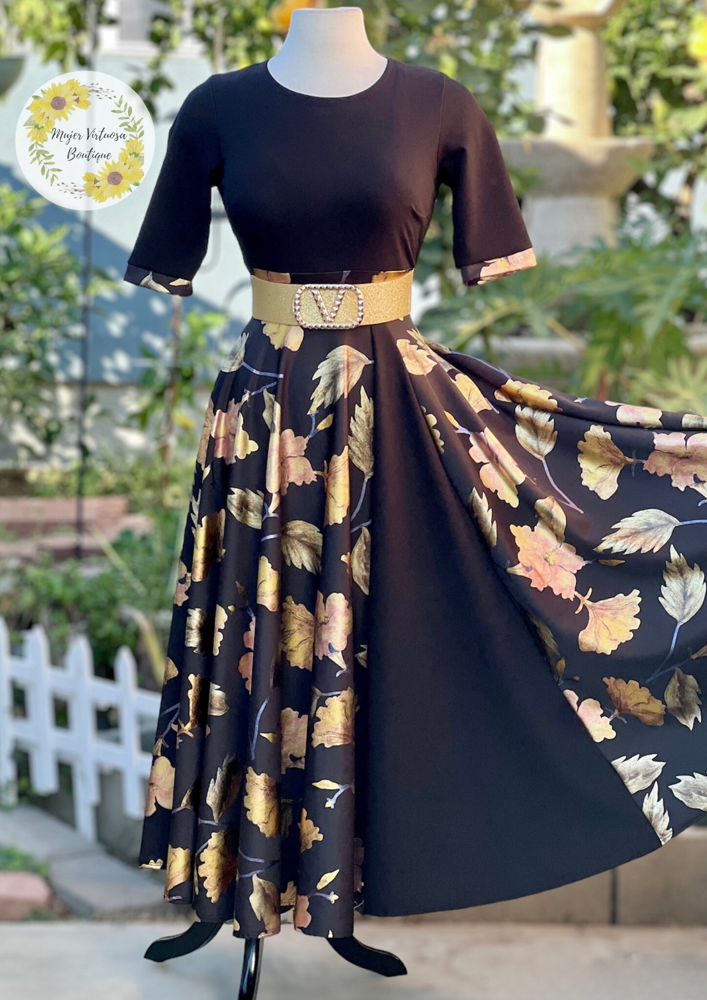 Andrea Black & Gold Leaves Dress