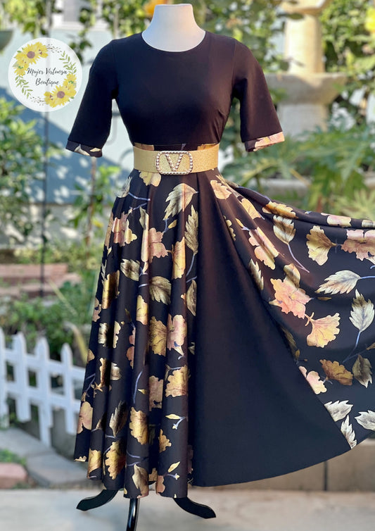 Black with Gold Elegant Floral Dress