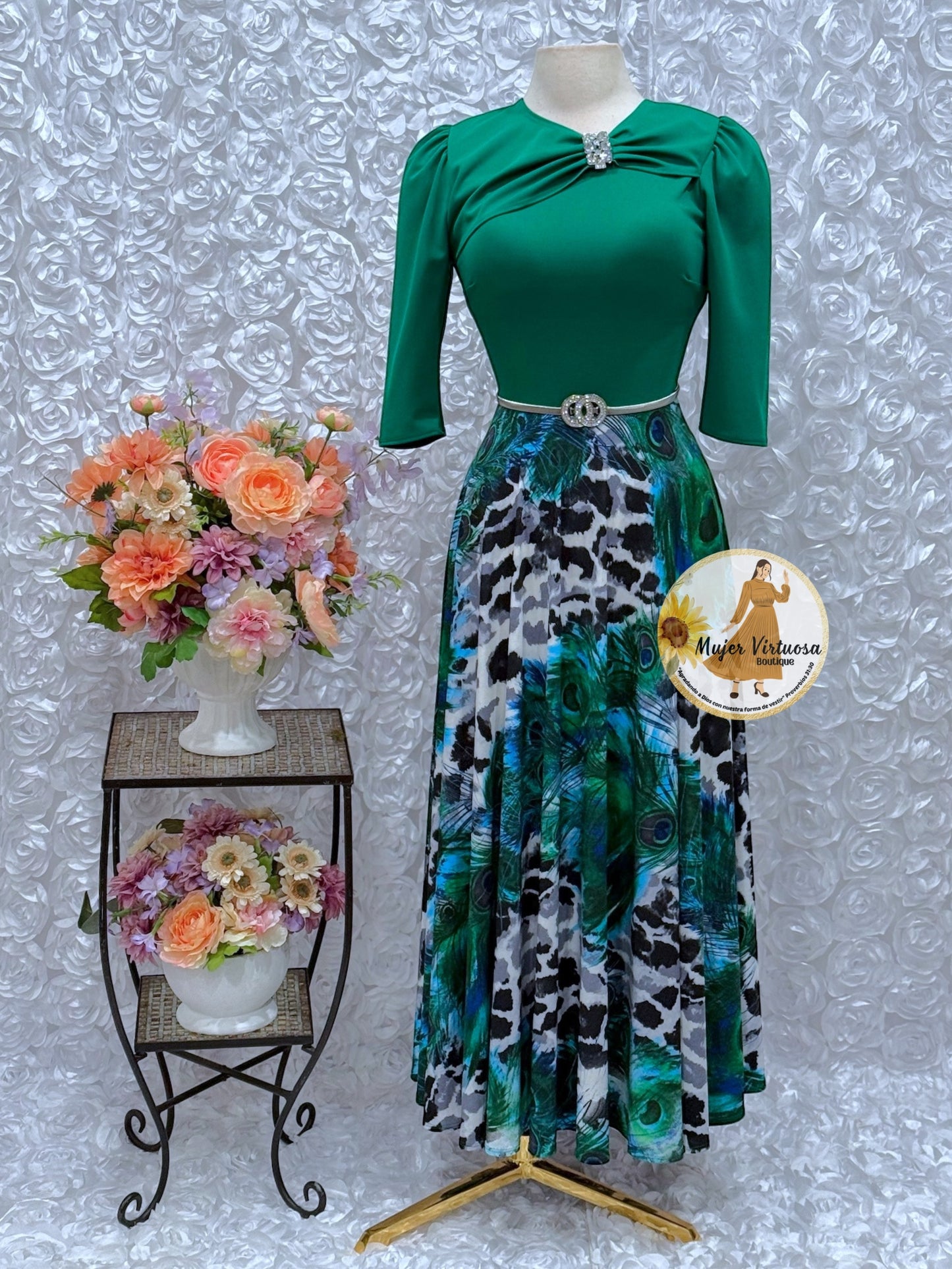 Rosalie Green Peacock Print Dress