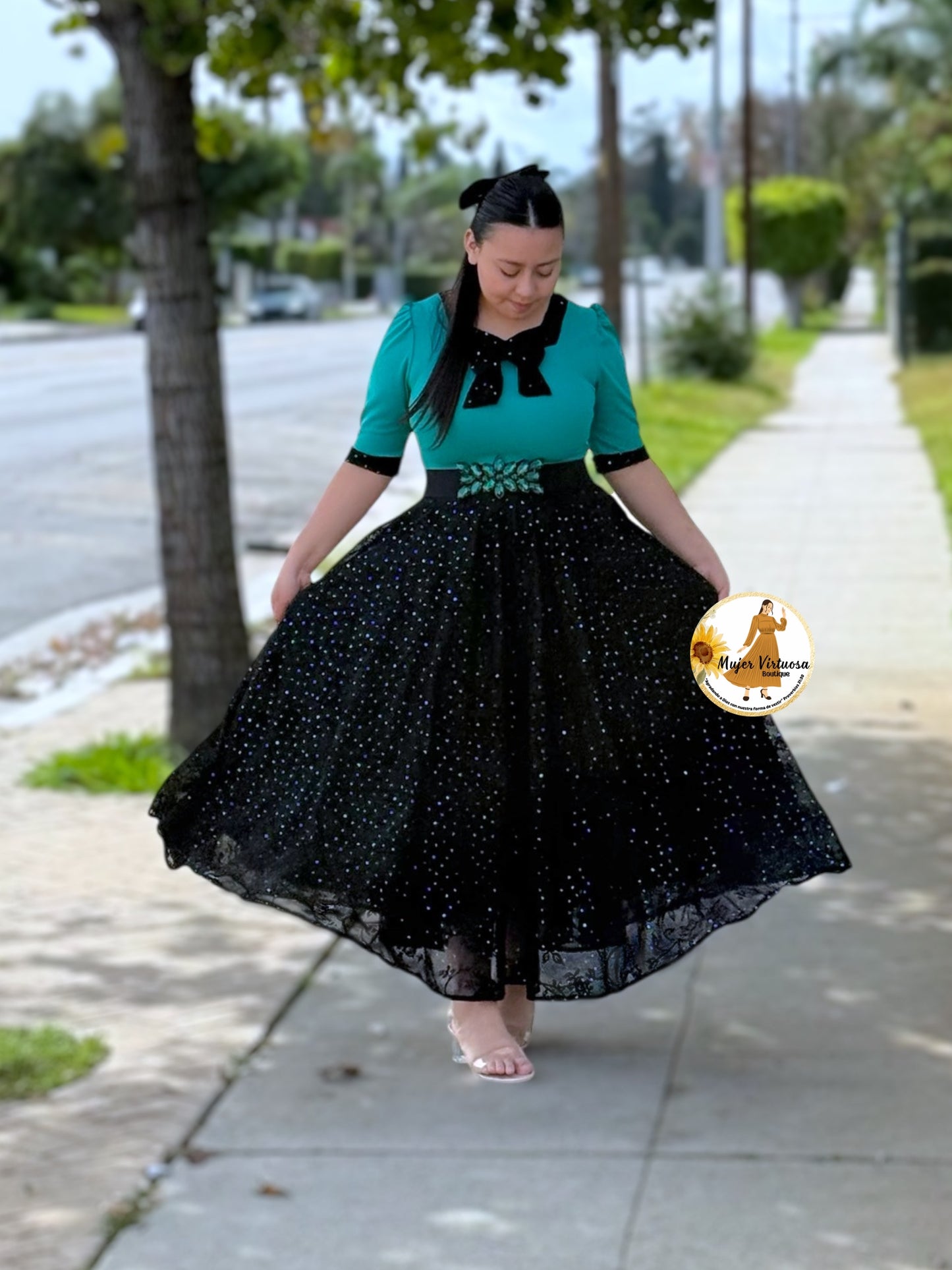 Madelyn Turquesa Mesh Bow Dress