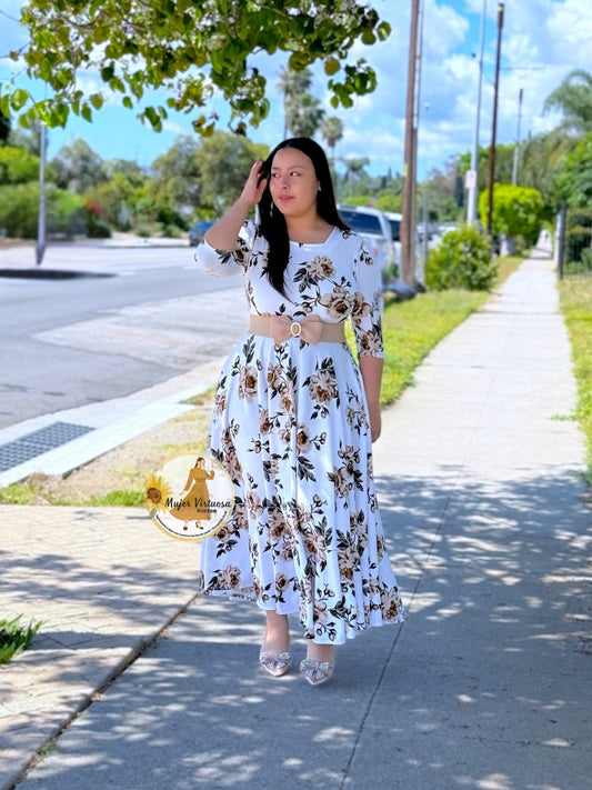 Eunice White & Mocha Flowers Dress