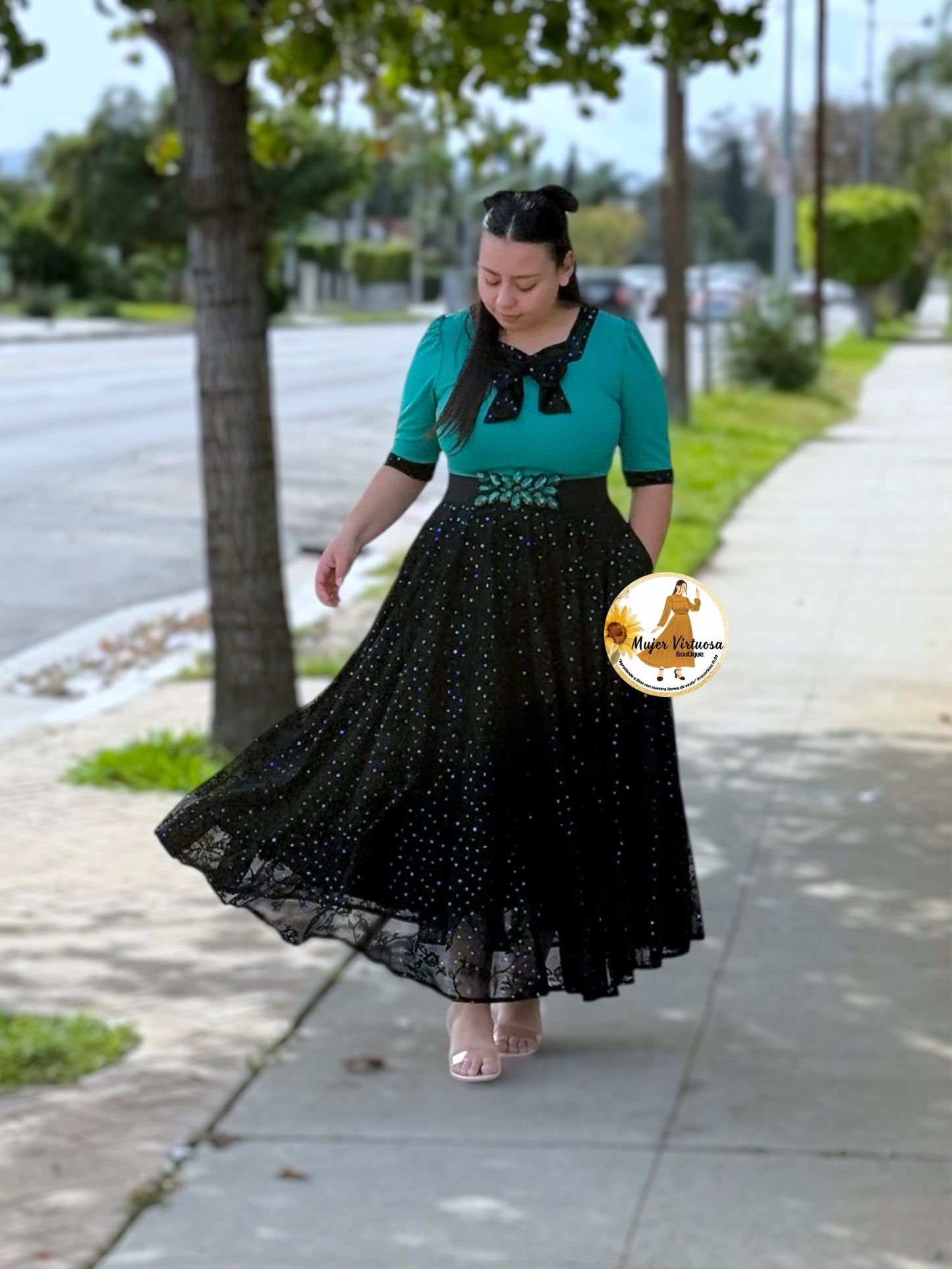 Madelyn Turquesa Mesh Bow Dress