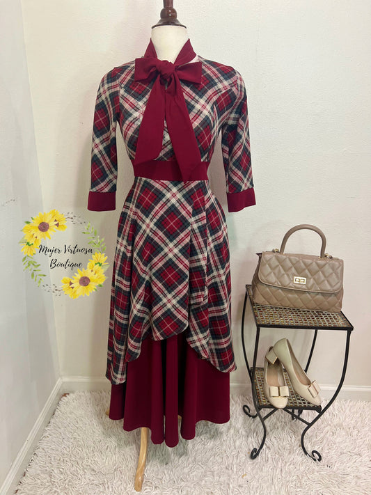 Oriana Burgundy Vintage Plaid Dress