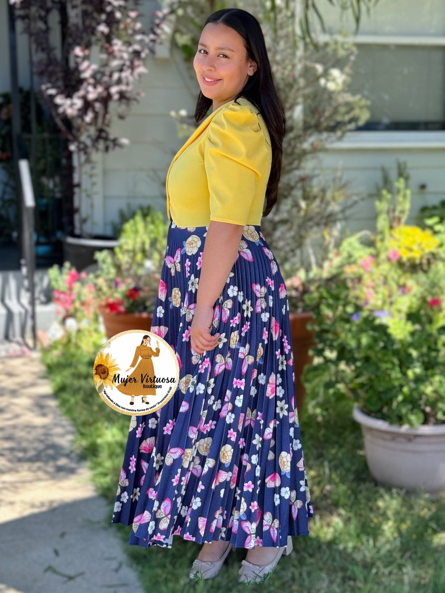 Esther Yellow/Blue Butterfly Pleated Dress