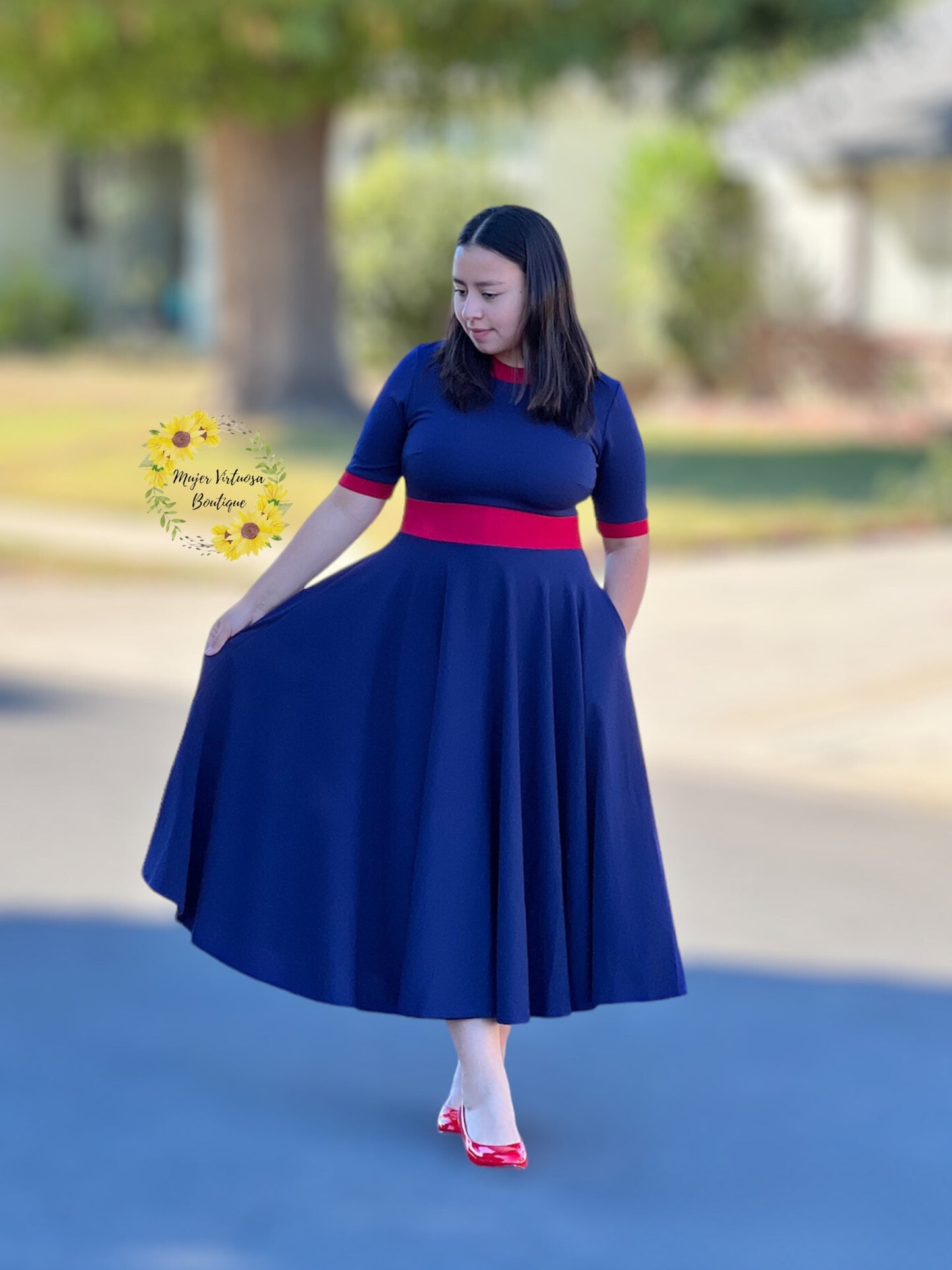 Retro Navy & Red Midi Dress