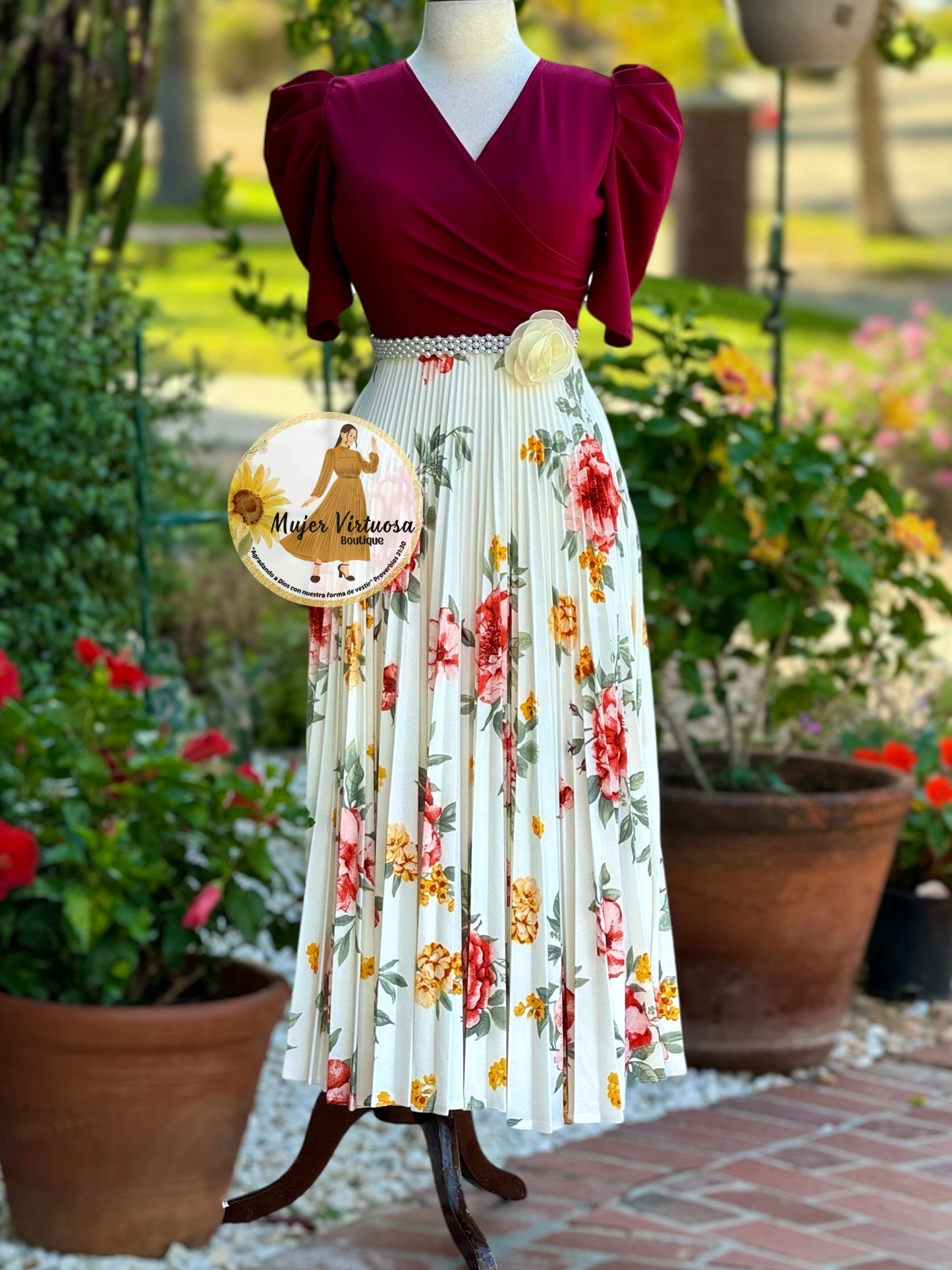 Jessica Burgundy & Ivory Floral Pleated Dress