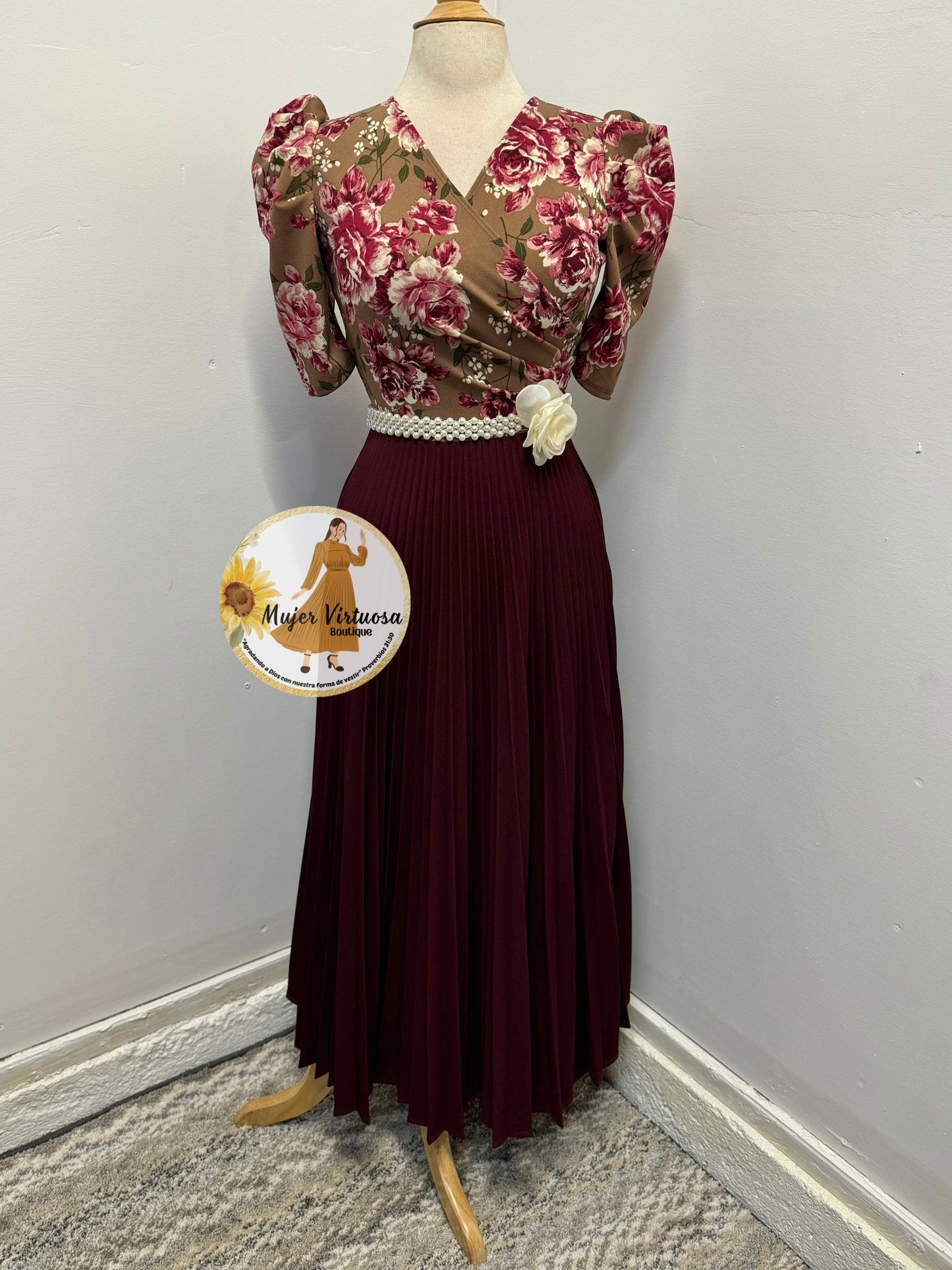 Jessica Mocha & Burgundy Pleated Dress