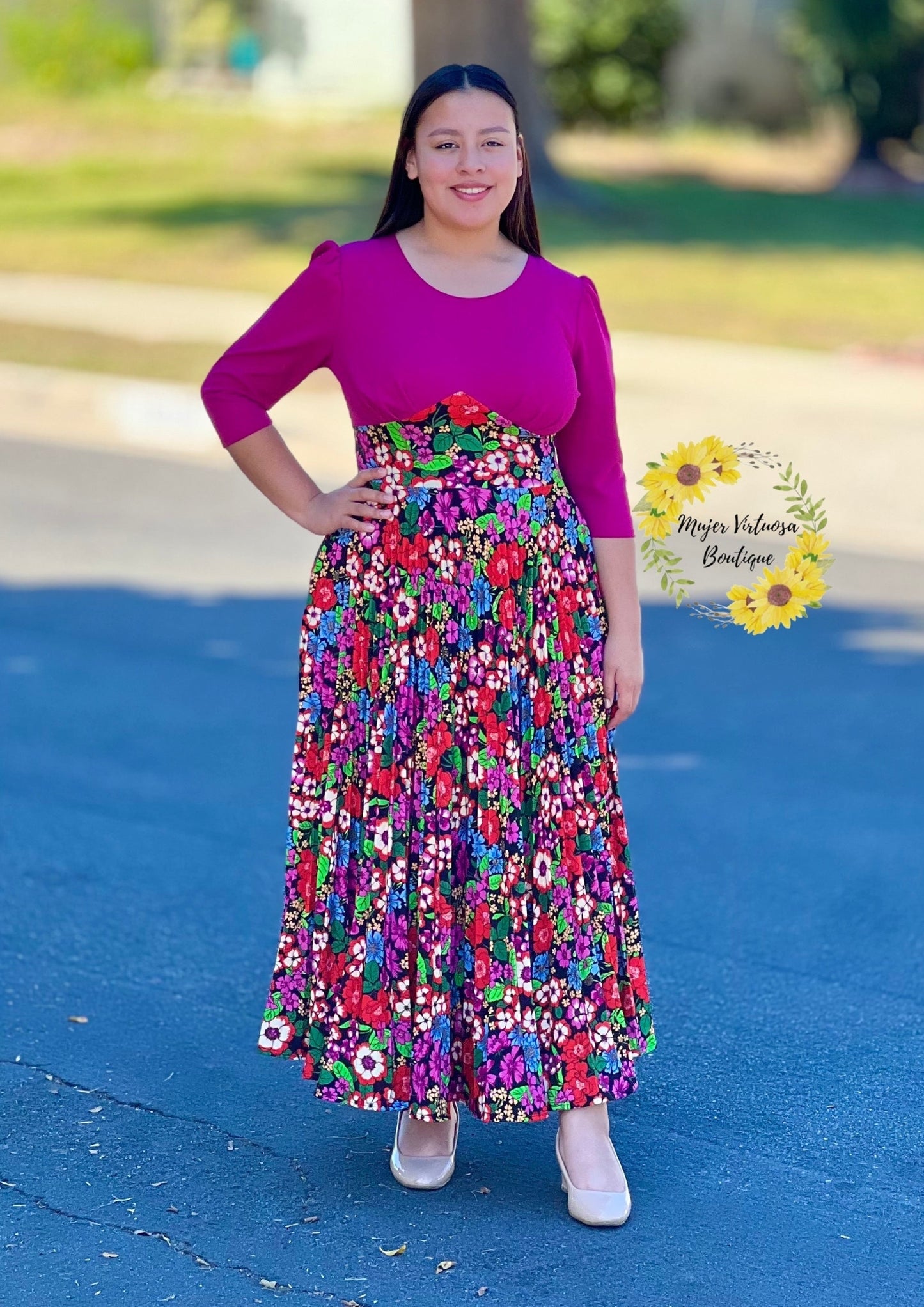 Cristel Magenta Floral Pleated Dress