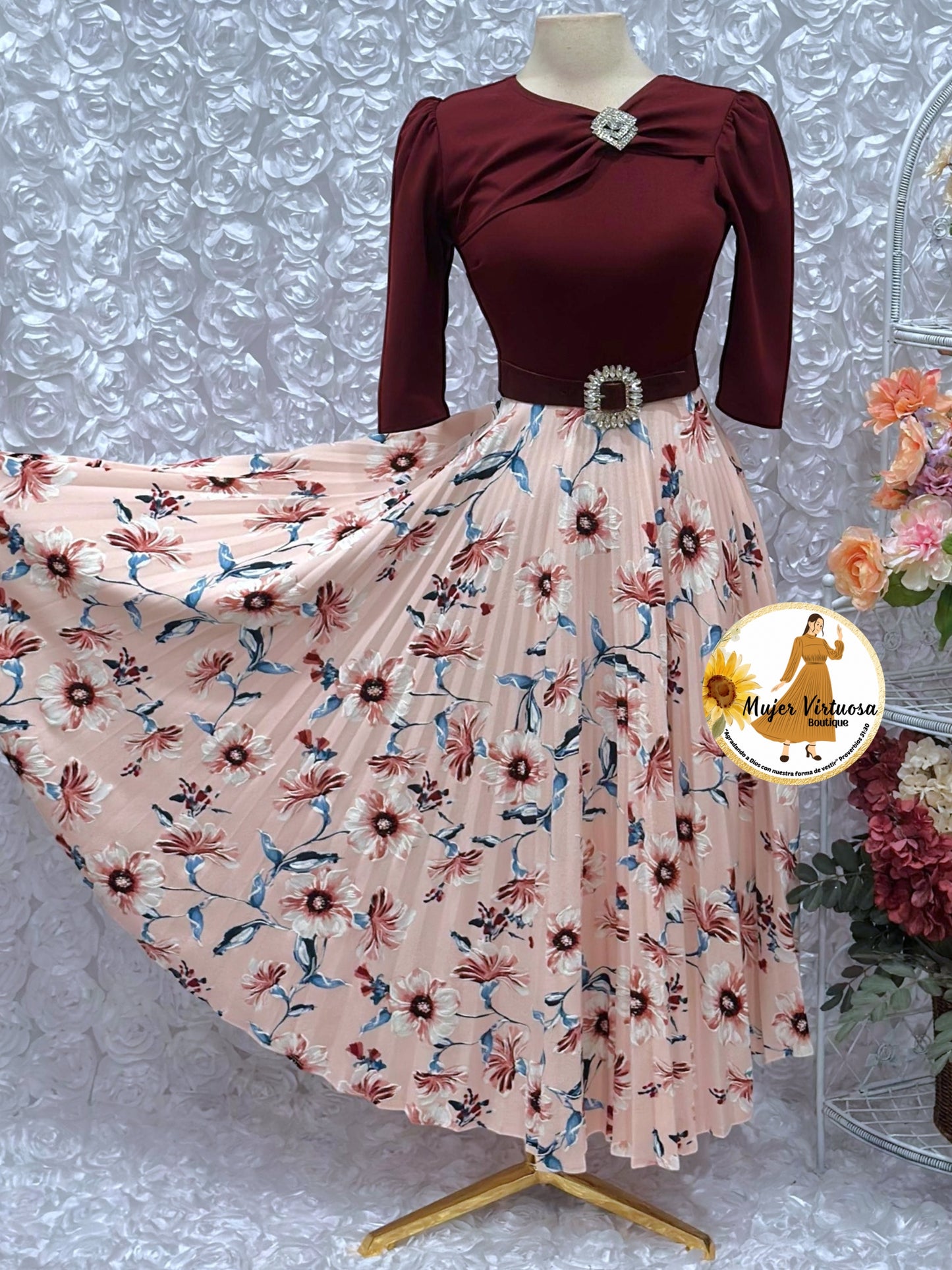 Rosalie Wine & Pink Pleated Dress