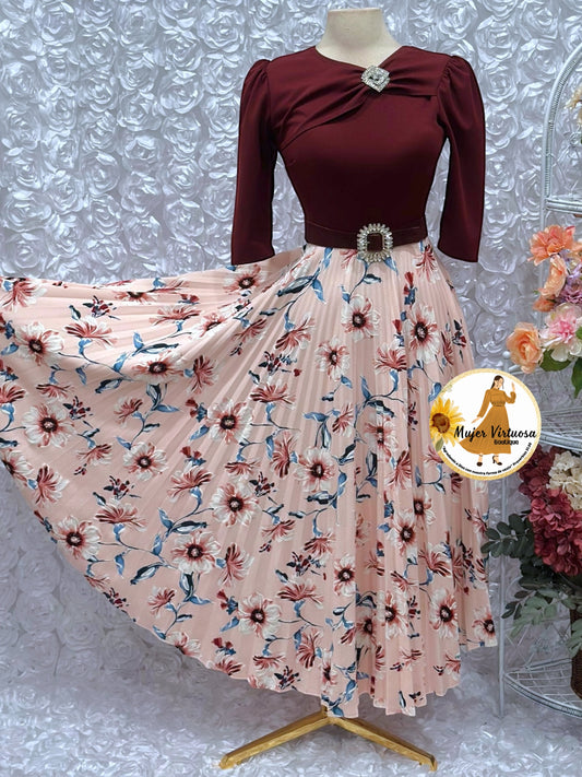 Rosalie Wine & Pink Pleated Dress