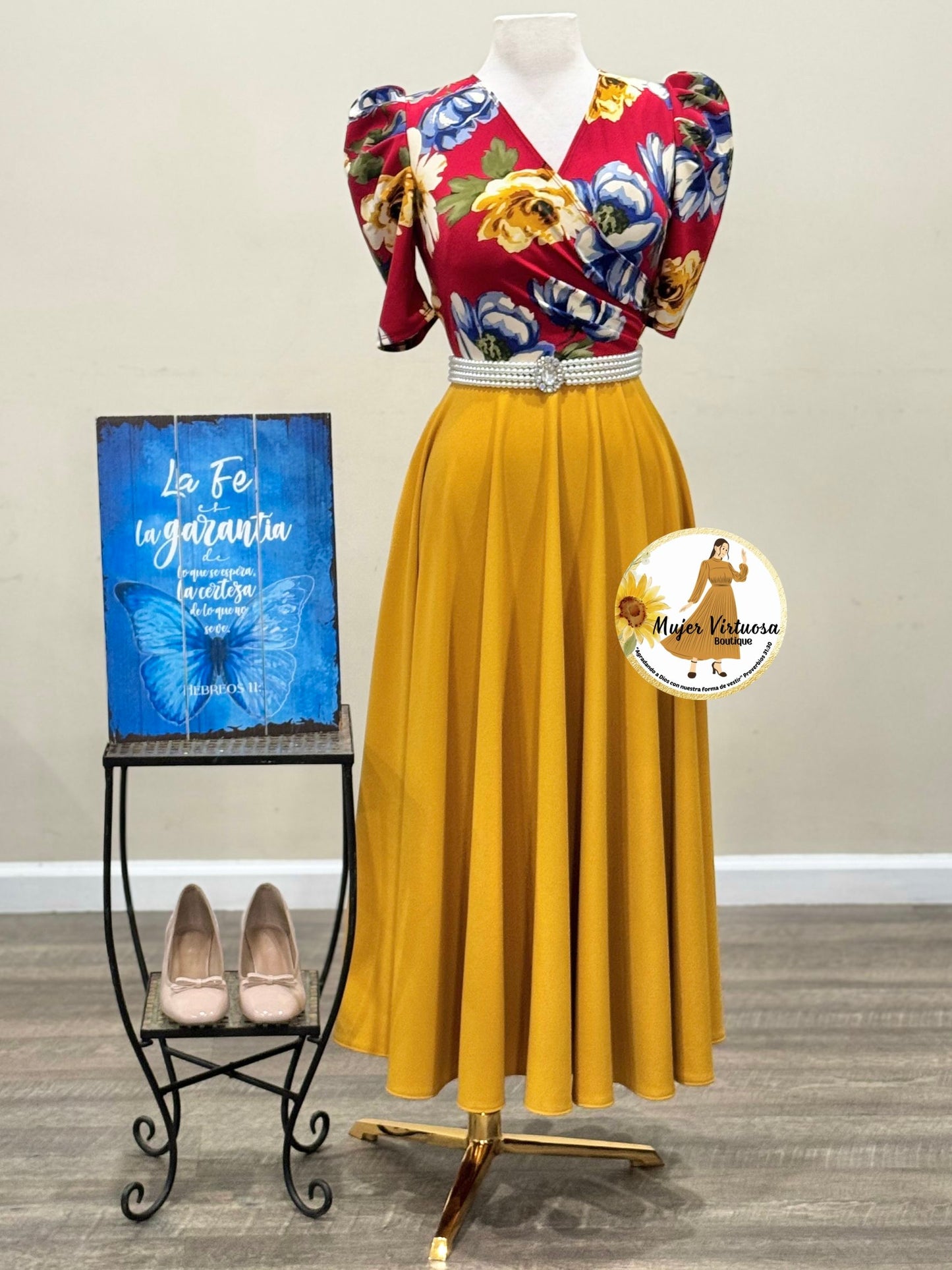 Susan Burgundy & Mustard Floral Dress