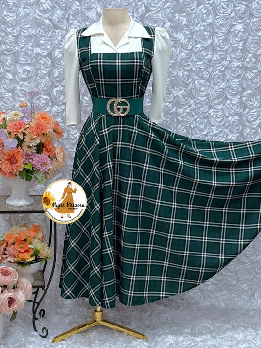 White/Green Plaid 2 in 1 Dress