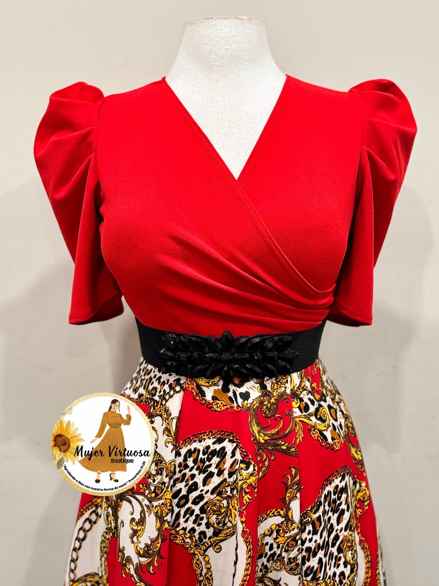 Red Chain Print Midi Dress