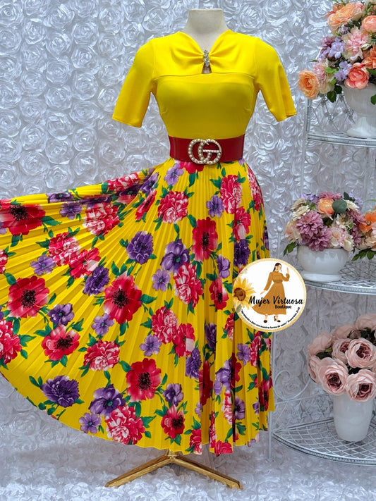 Sandy Yellow Floral Pleated Dress