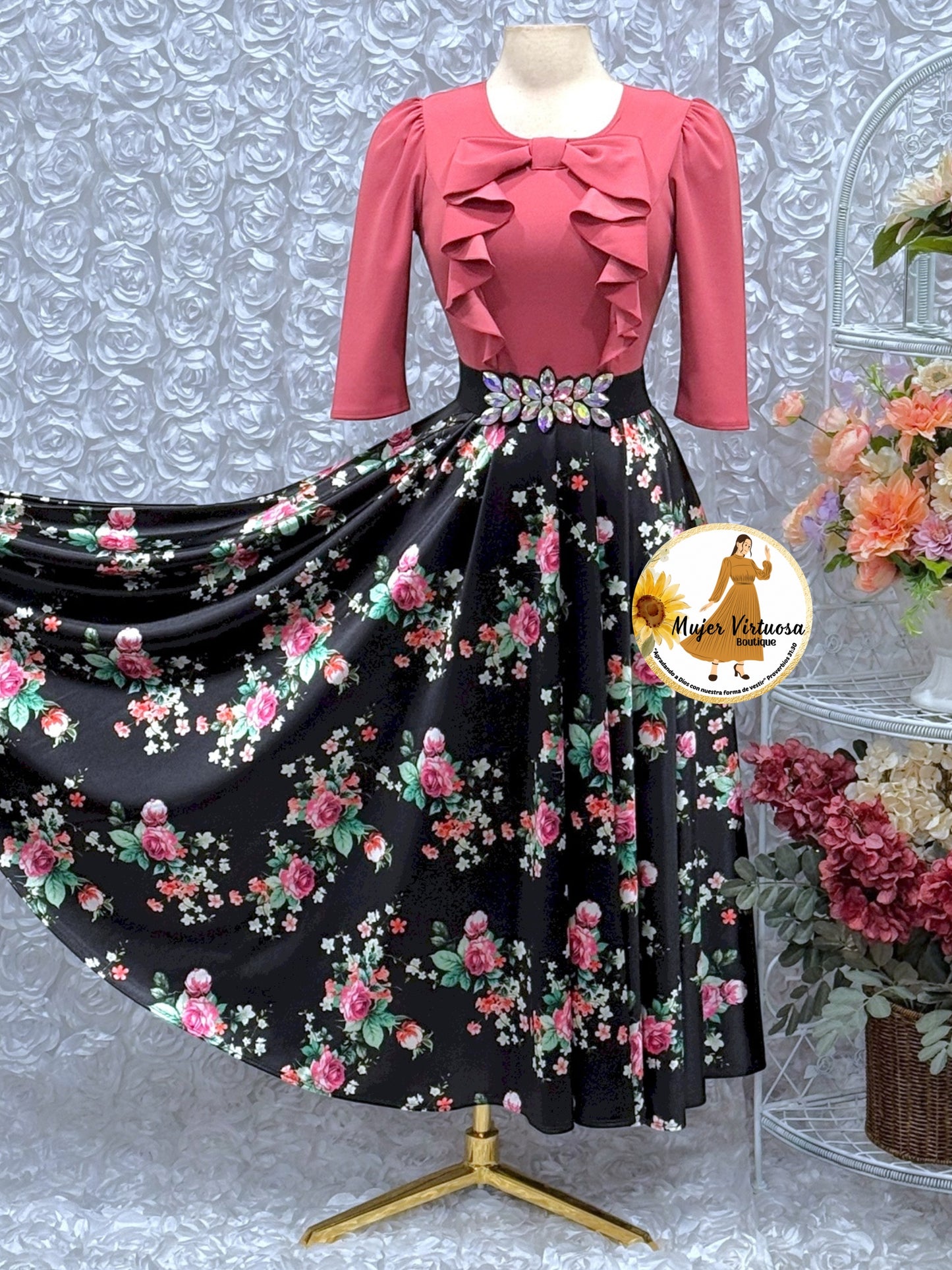 Alexa Mauve & Black Floral Satin Dress
