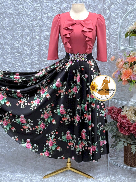 Alexa Mauve & Black Floral Satin Dress