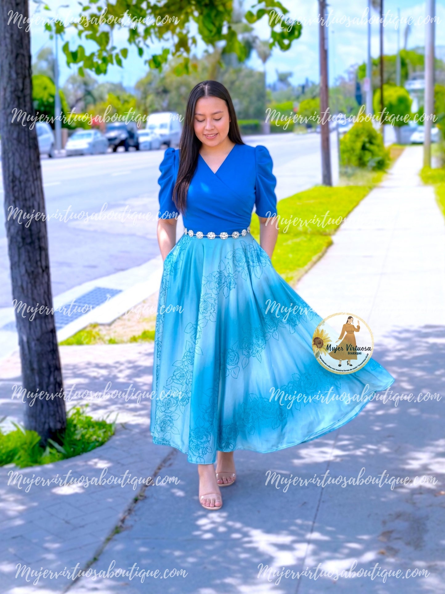Susan Aqua Crepe & Satin Dress