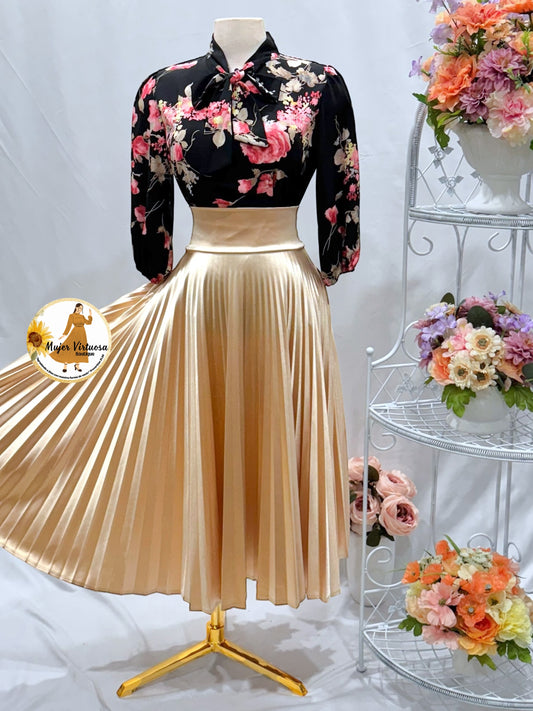 Alondra Beige Satin Pleated Skirt