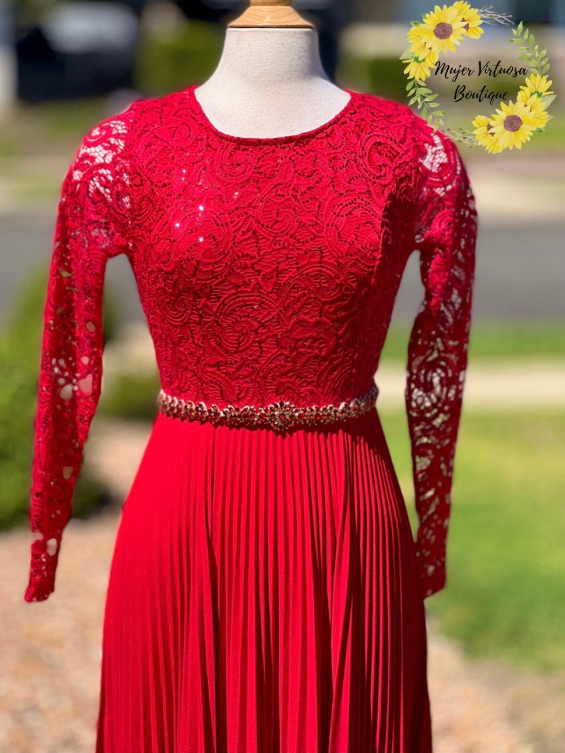 Alida Elegant Red Pleated Dress