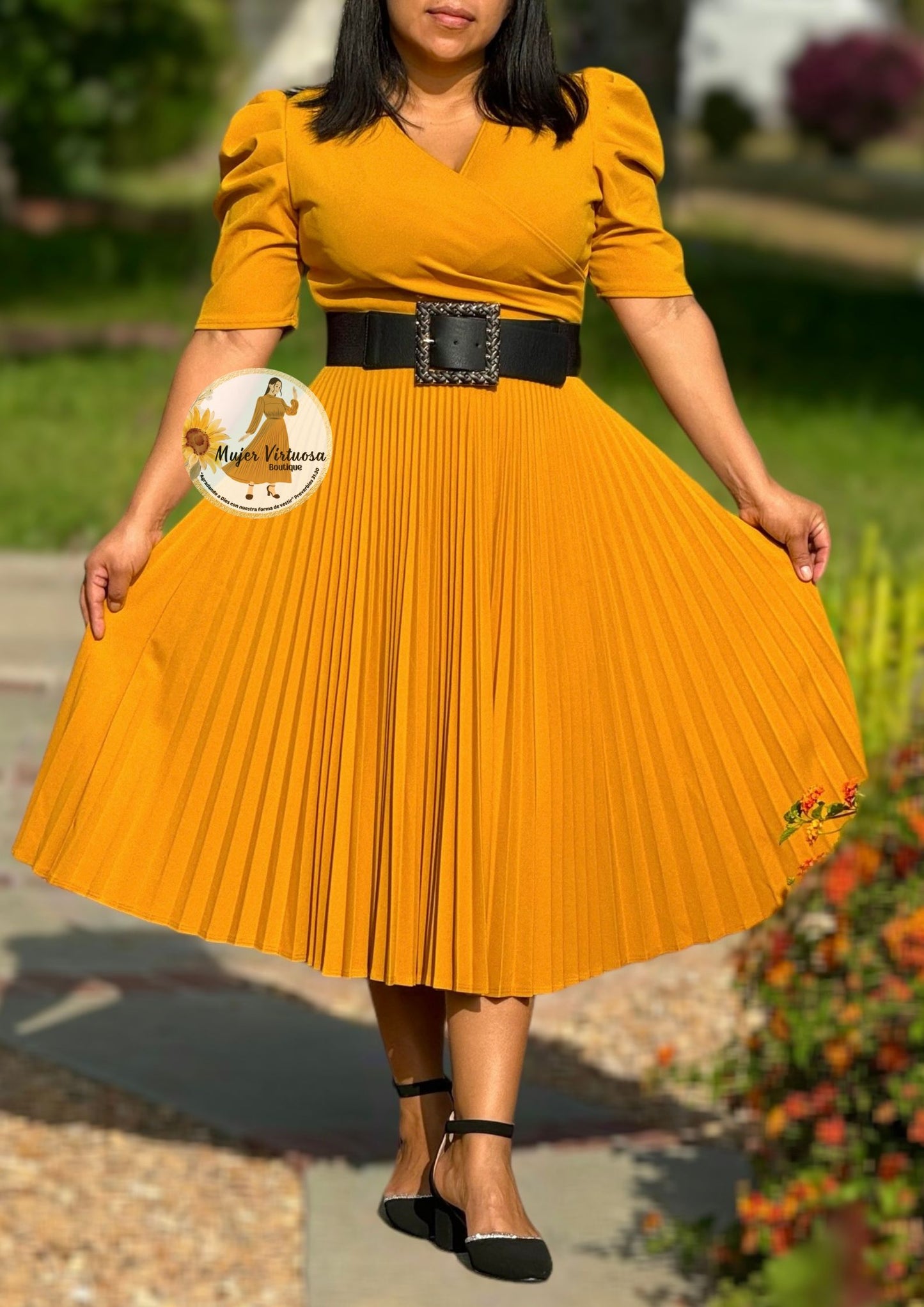 Mustard Pleated Midi Dress