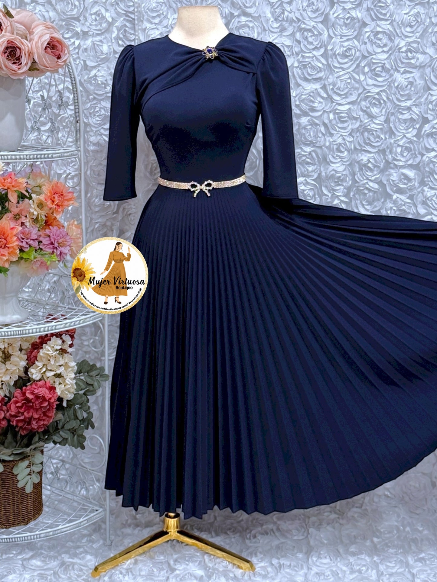Rosalie Navy Pleated Dress