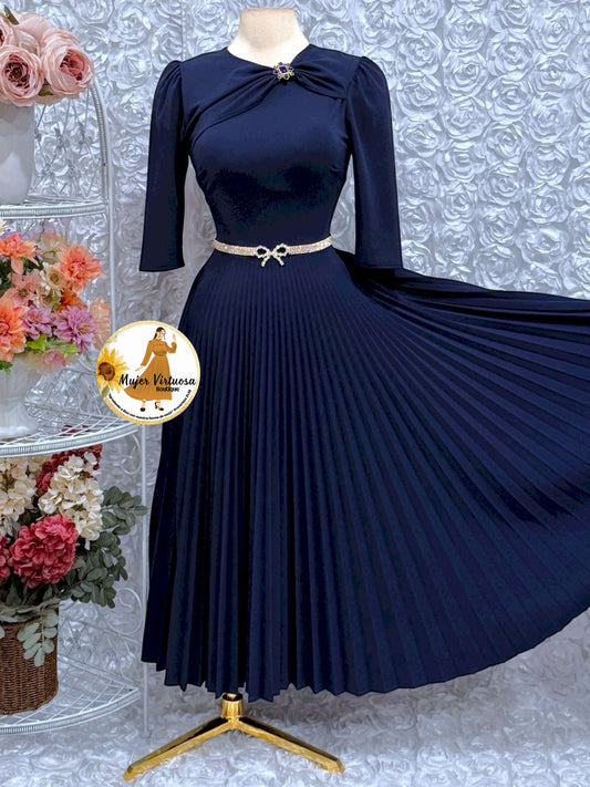 Rosalie Navy Pleated Dress