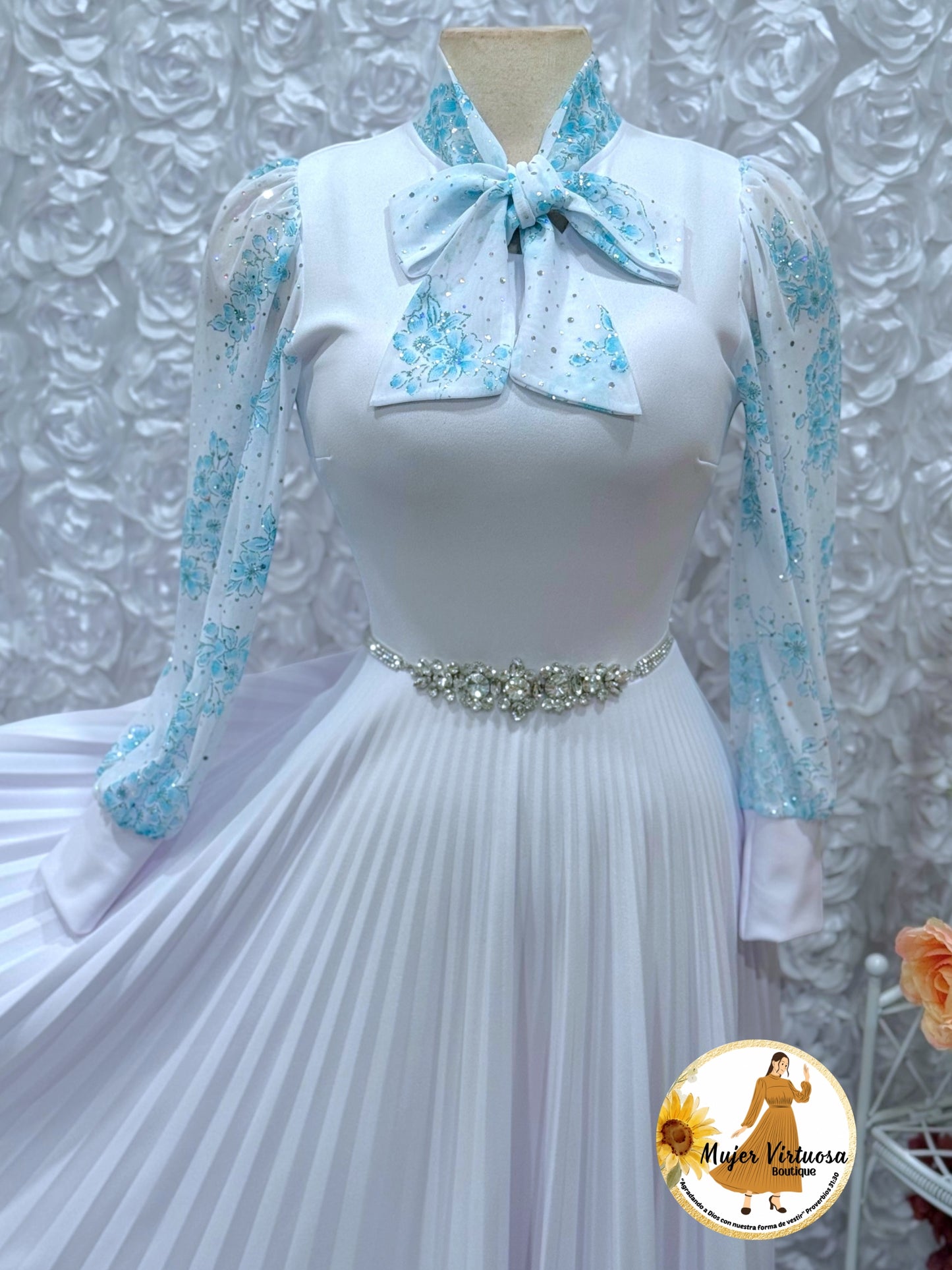 Brenda White & Aqua Dress