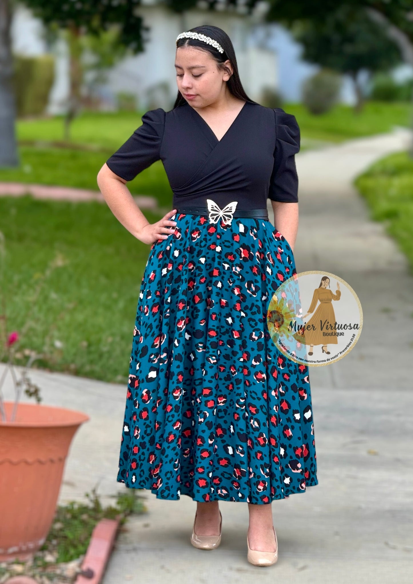 Susan Black & Teal Animal Print Dress