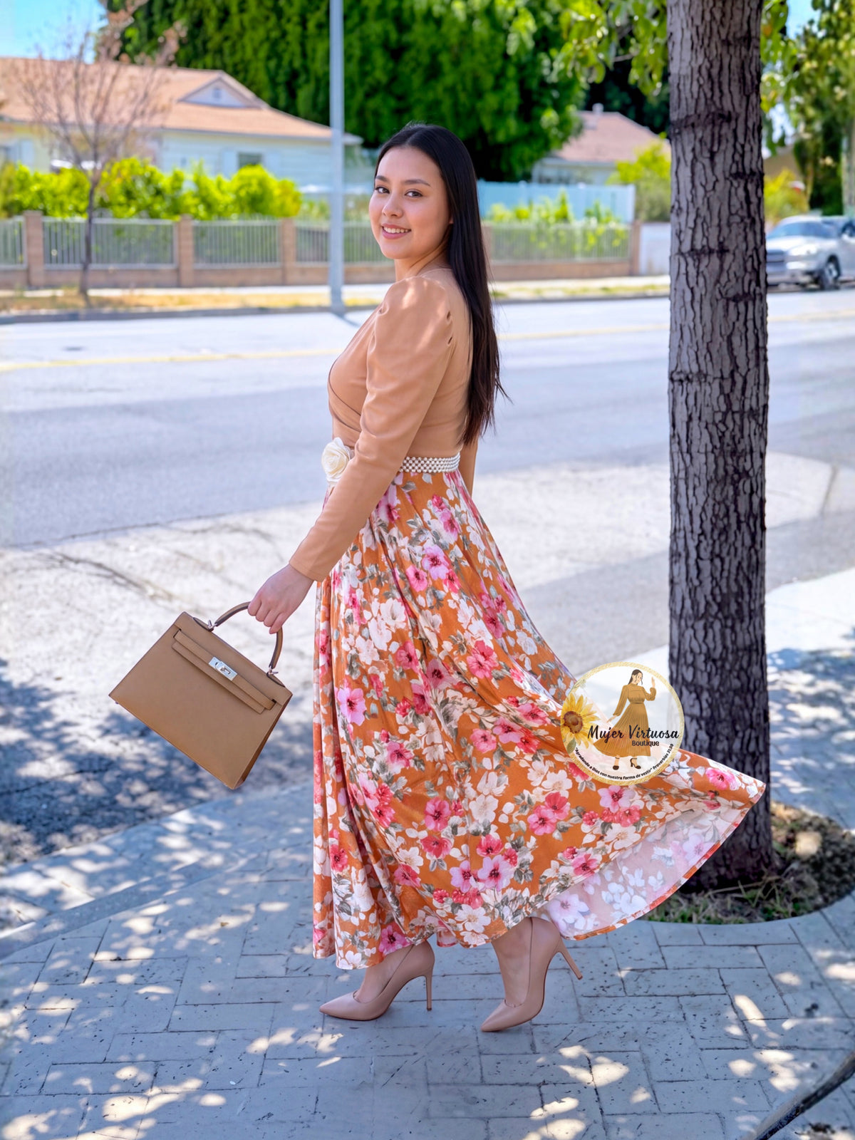 Larissa Apricot Velvet Floral Dress