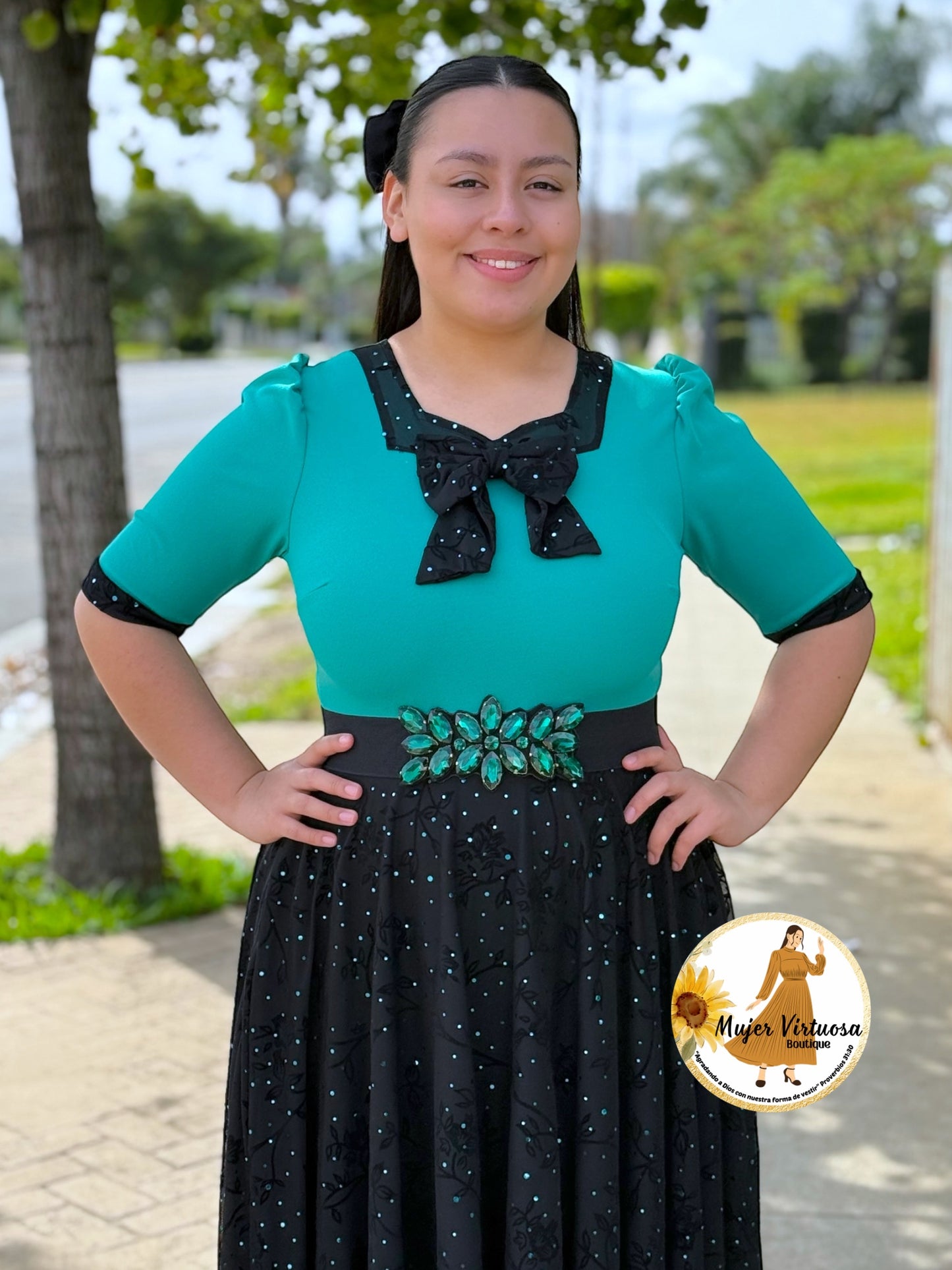 Madelyn Turquesa Mesh Bow Dress