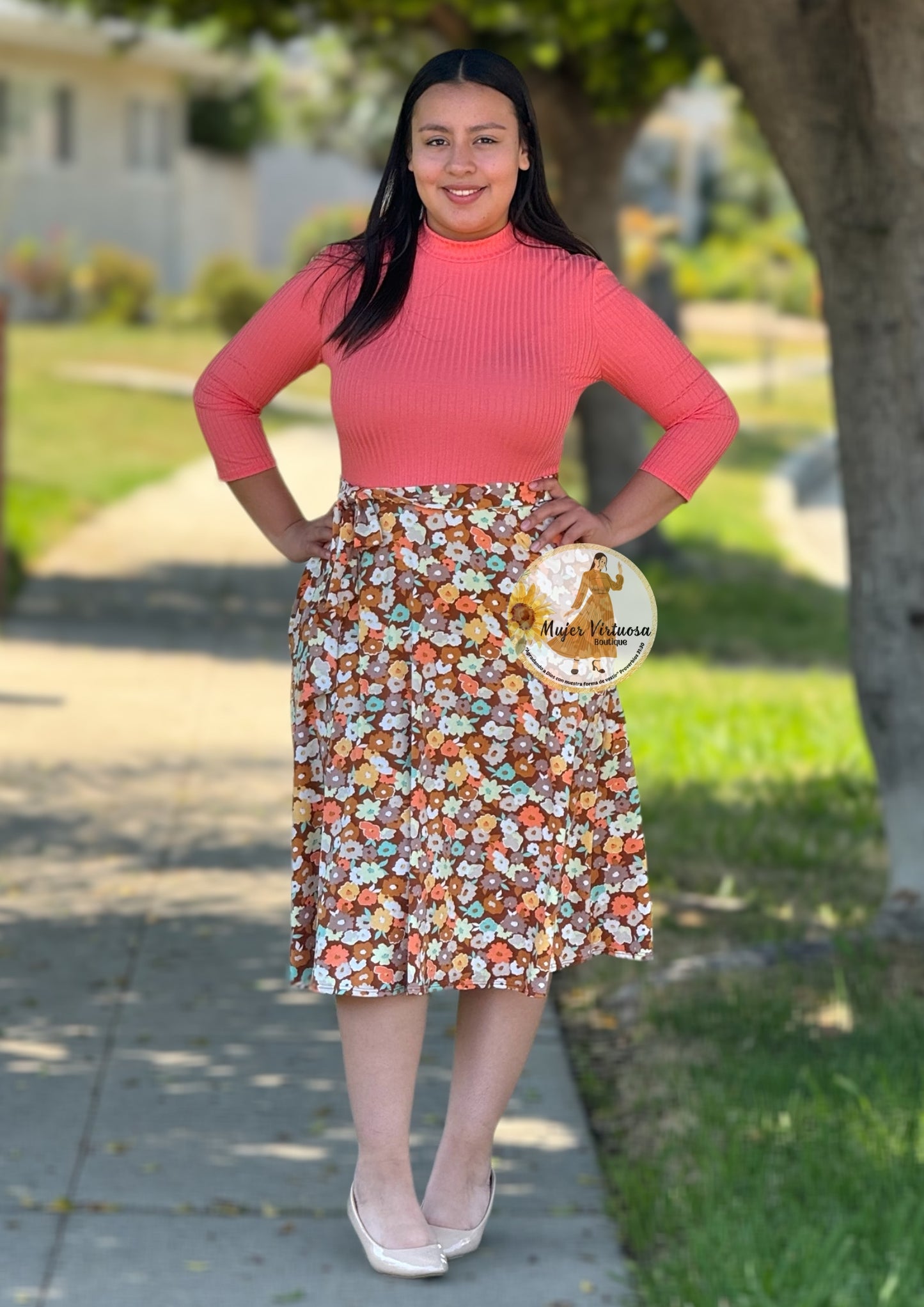 Coral Midi Floral Dress