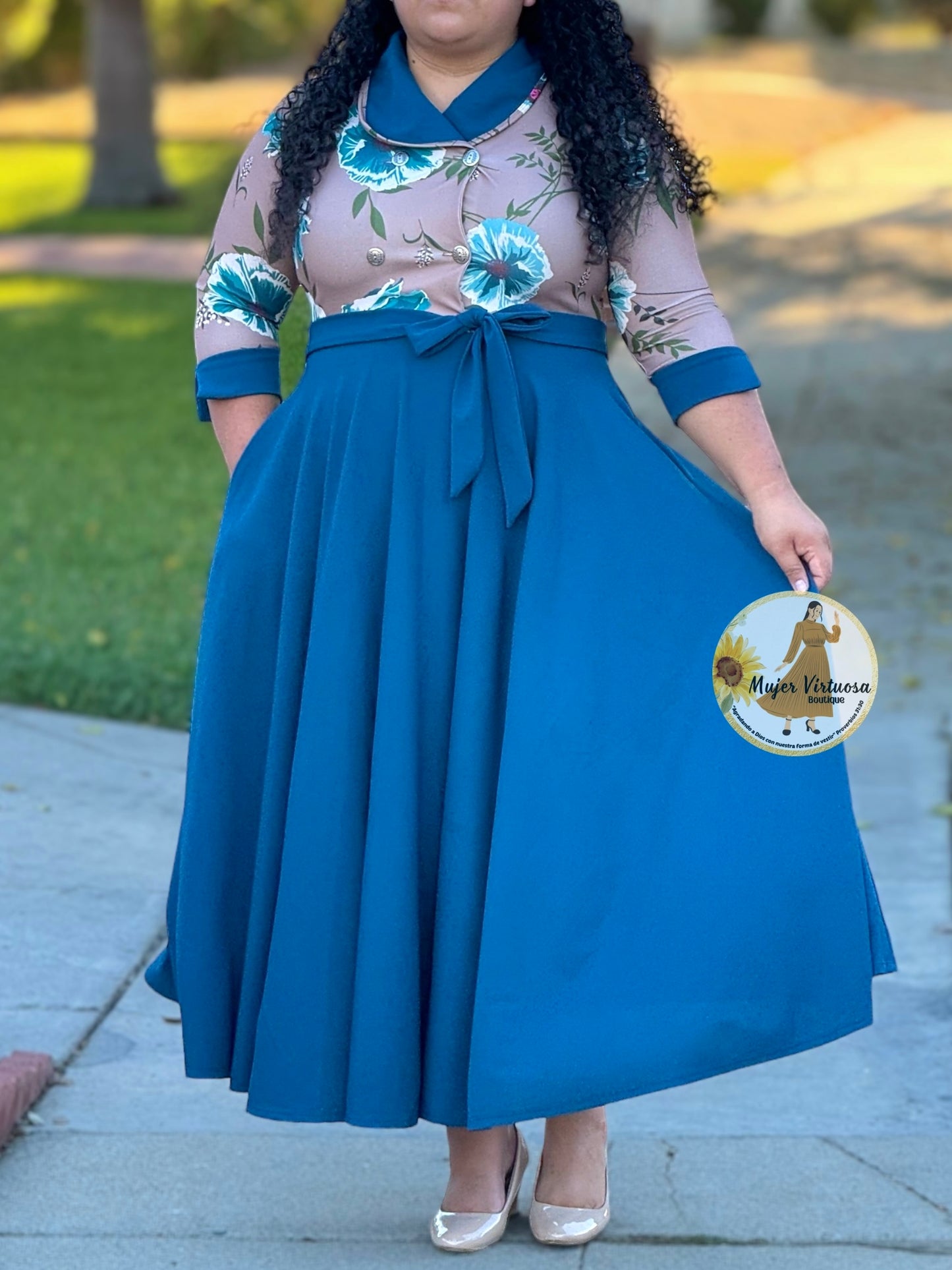 Raquel Mocha & Teal Floral Dress