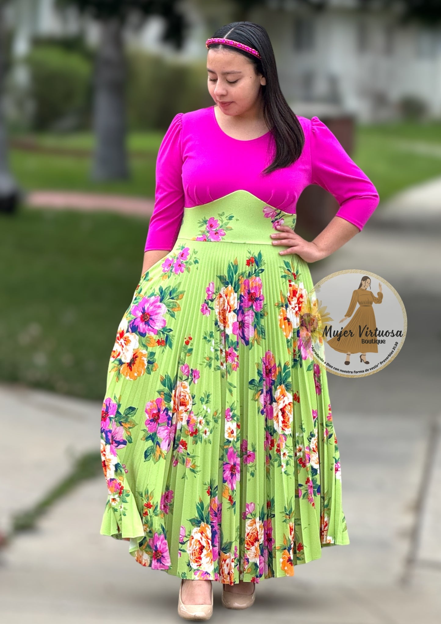 Cristel Fucsia & Lime Floral Pleated Dress