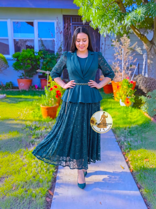 Mayra Emerald Green Crepe & Lace Dress