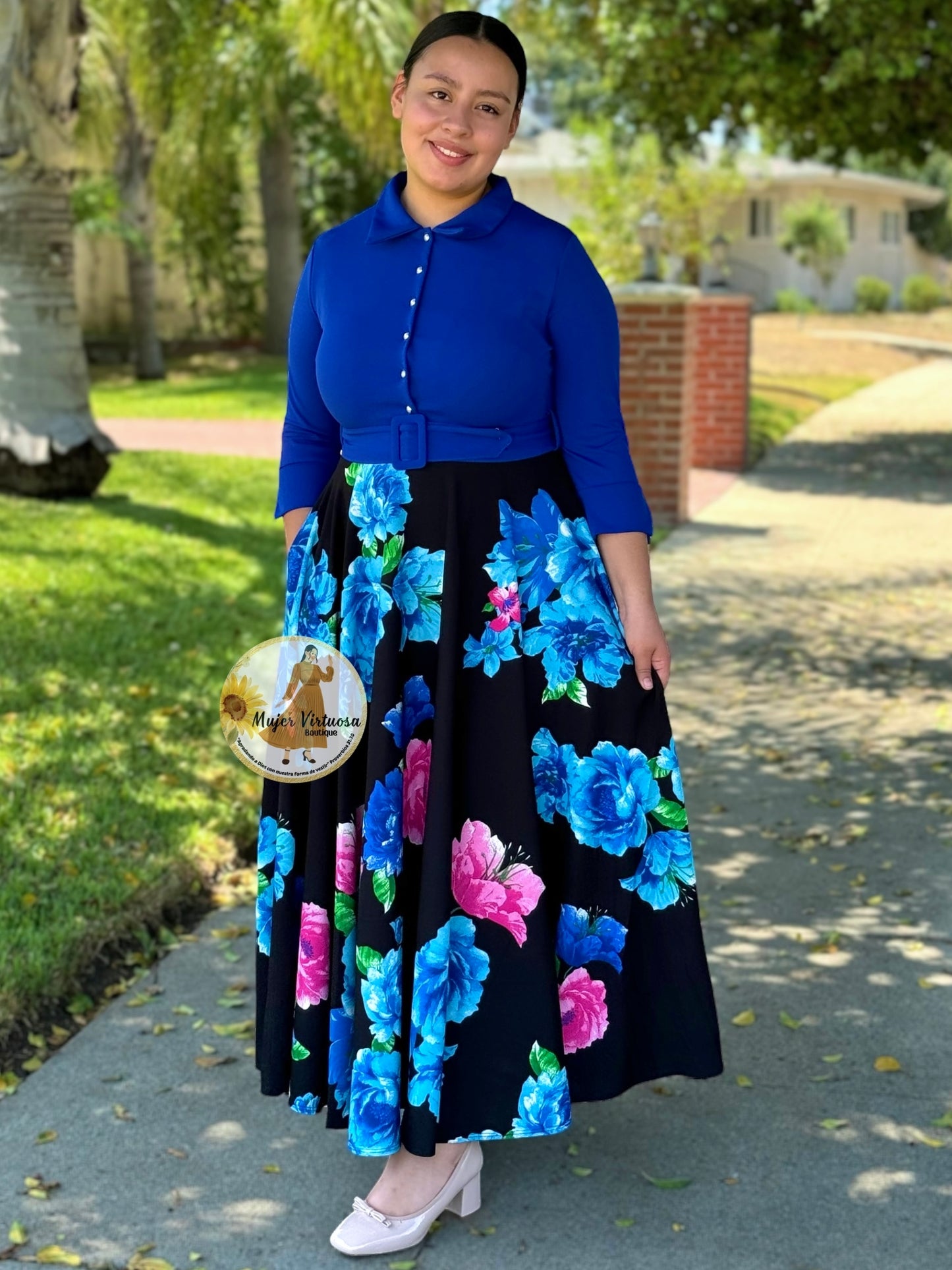 Hadassah Royal & Black Belted Floral Dress