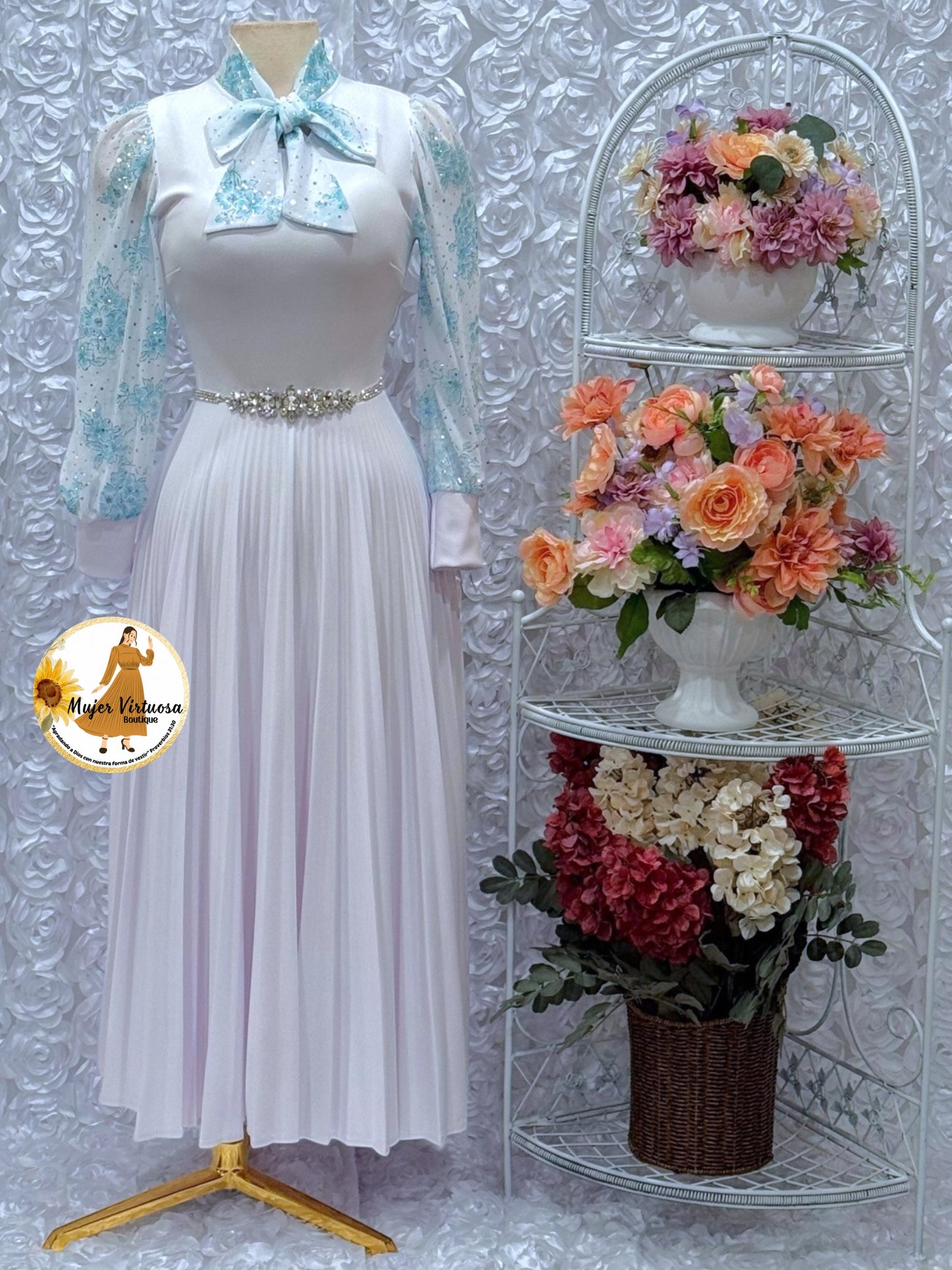 Brenda White & Aqua Dress