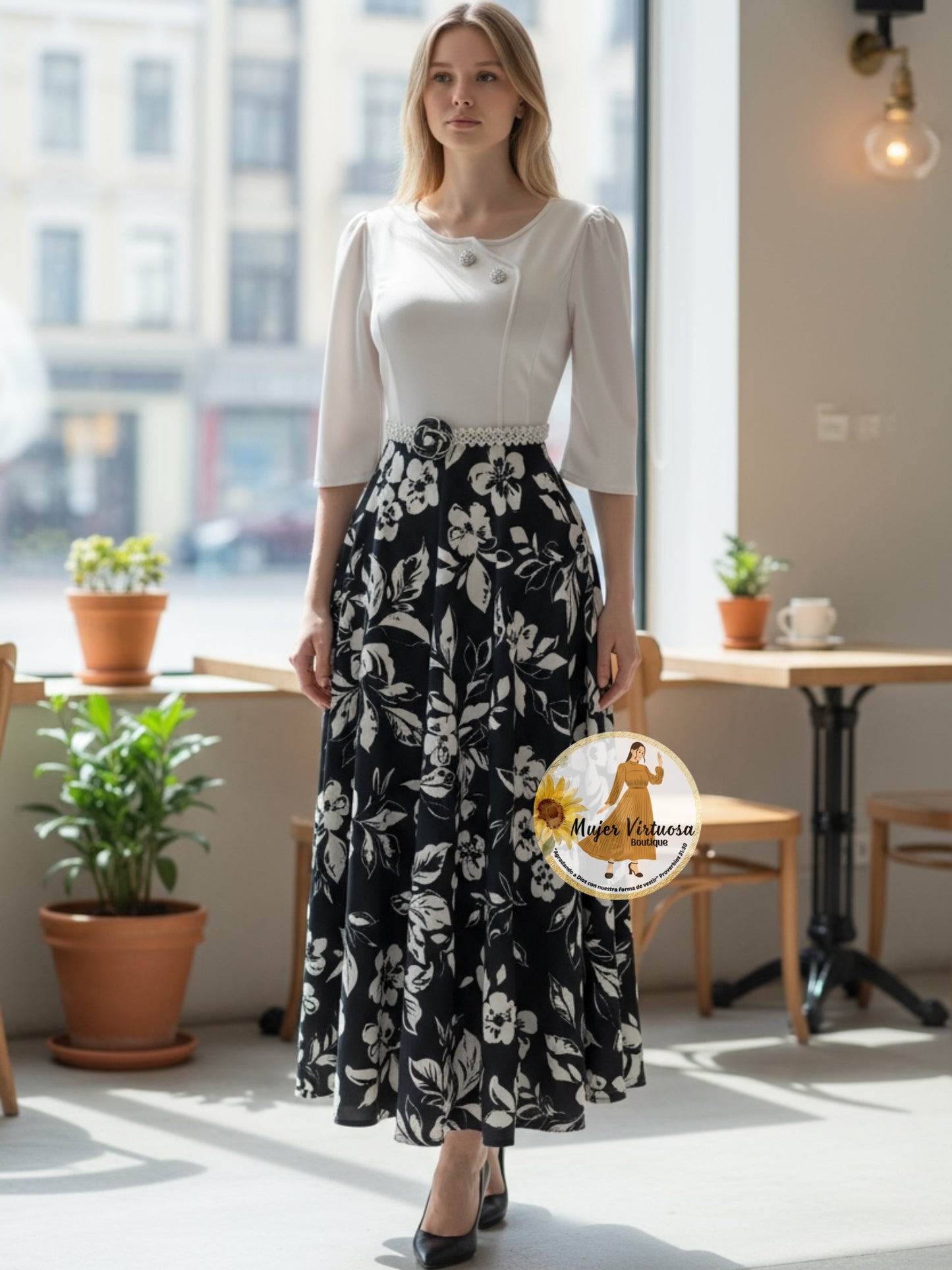 Celeste Beige/Black Floral Dress