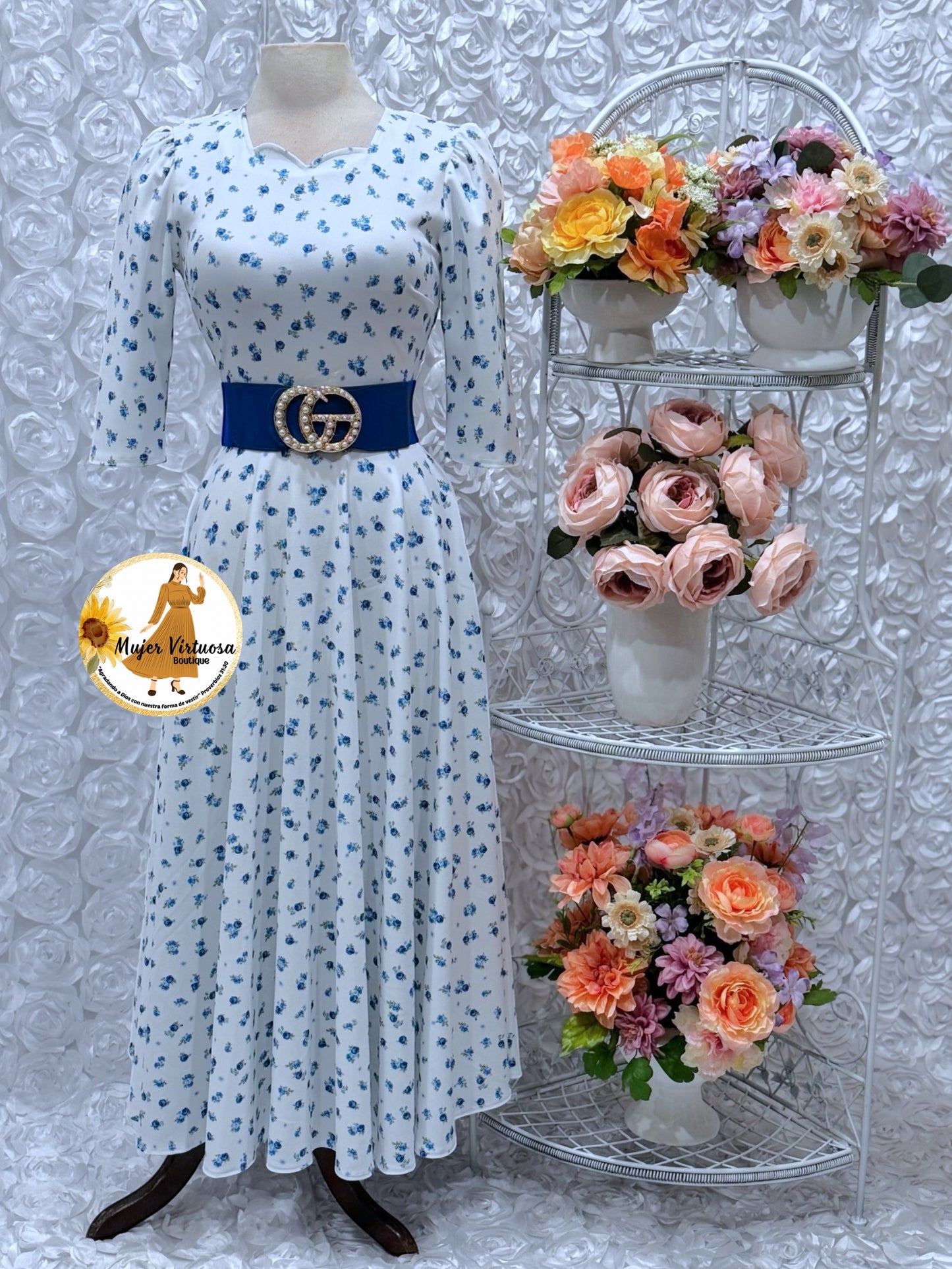 Lucy White/Blue Ditsy Floral Dress