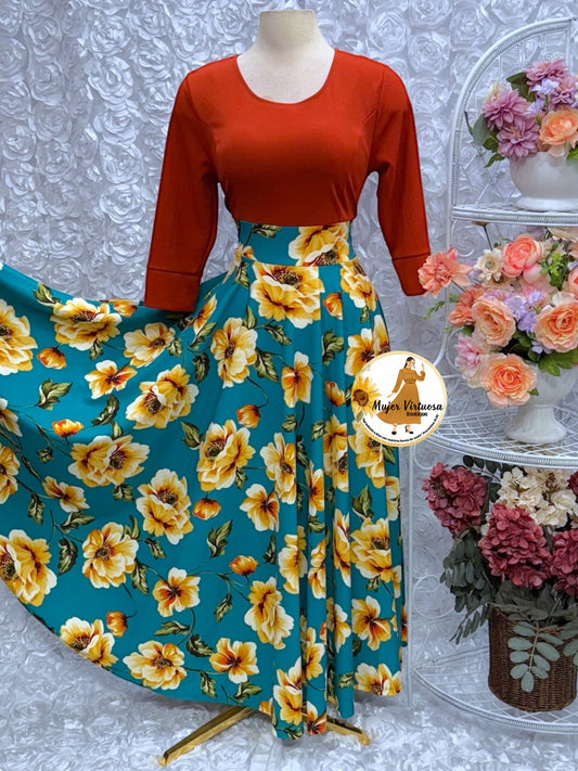 Rust & Aqua Floral Dress