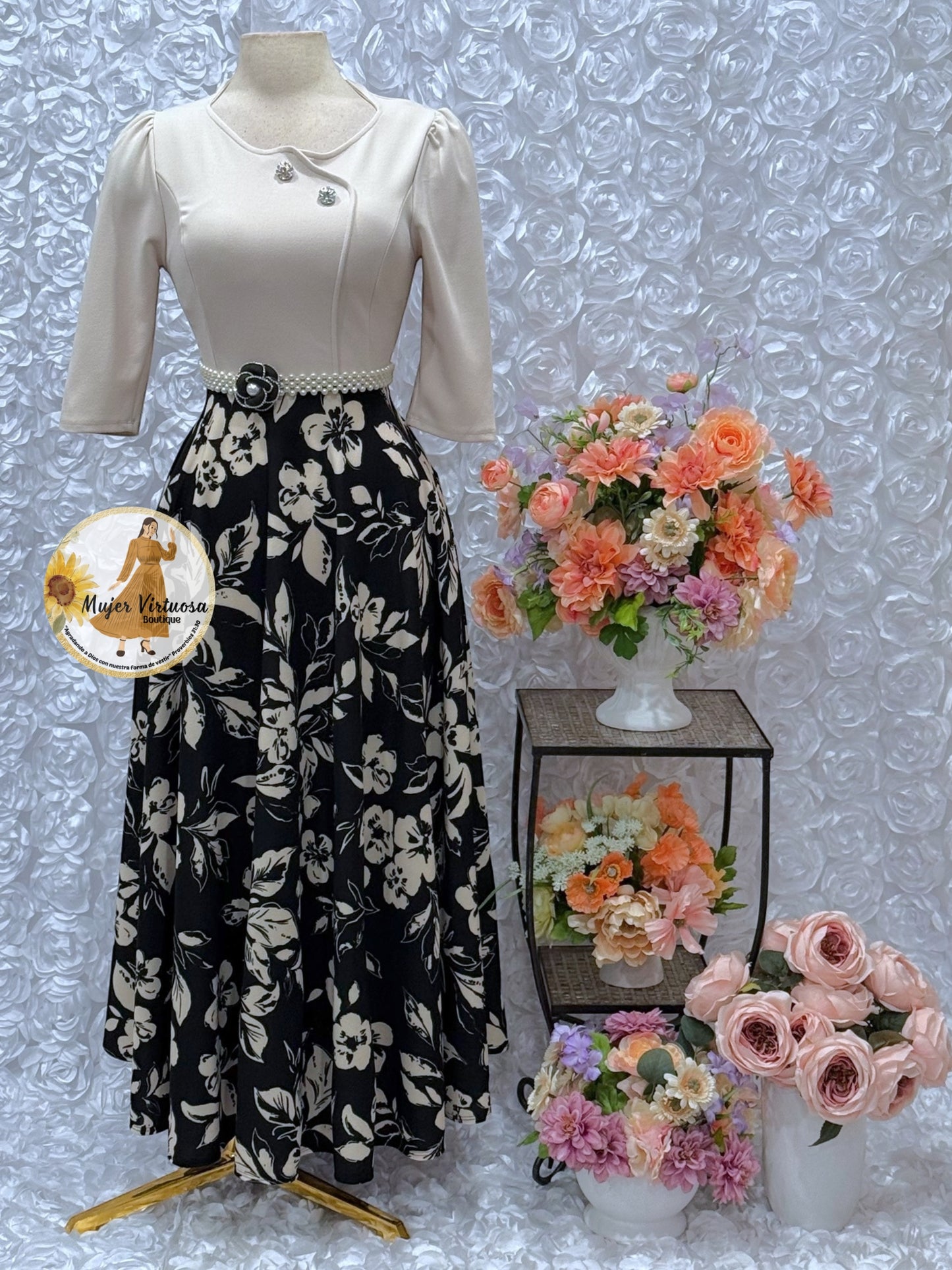 Celeste Beige/Black Floral Dress