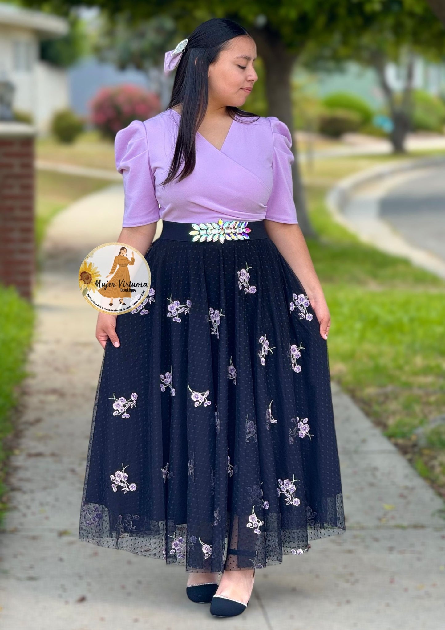 Lilac & Black Floral Elegant Dress